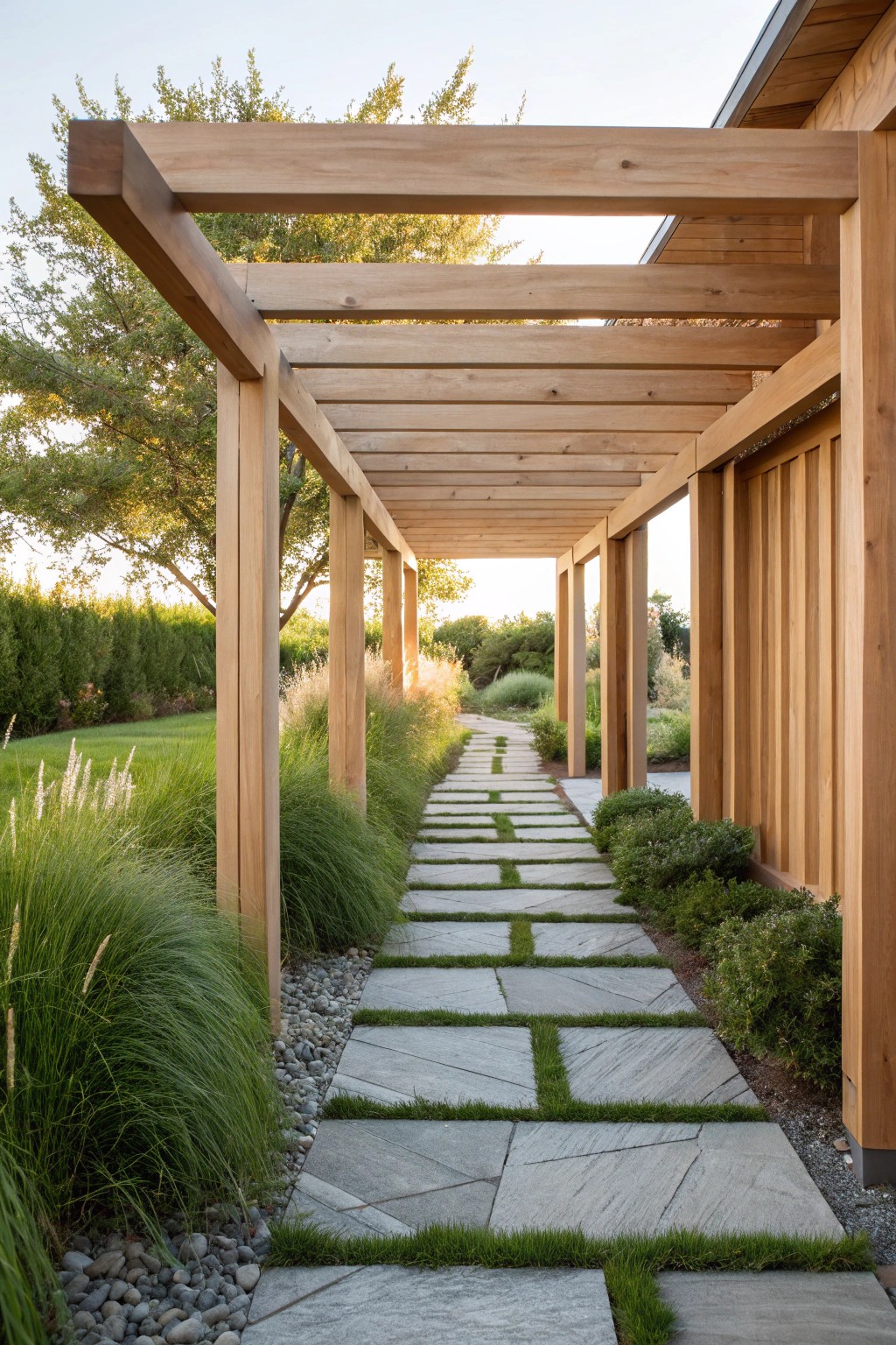 A beautifully crafted modern pergola frames a tranquil garden path—where simplicity meets natural elegance.
