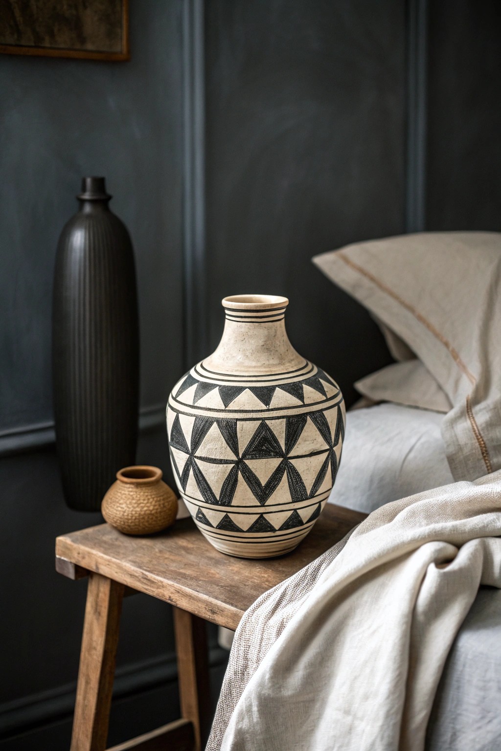 A bold patterned vase brings striking contrast to a moody bedroom.