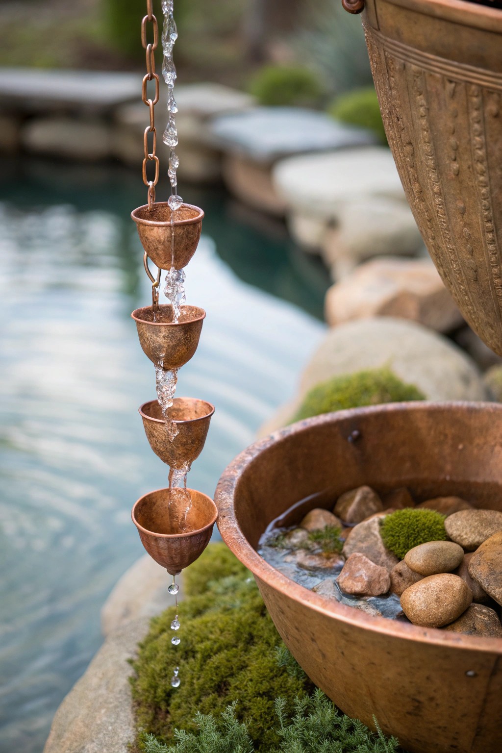 Embrace tranquility with handcrafted rain chains by your pool.