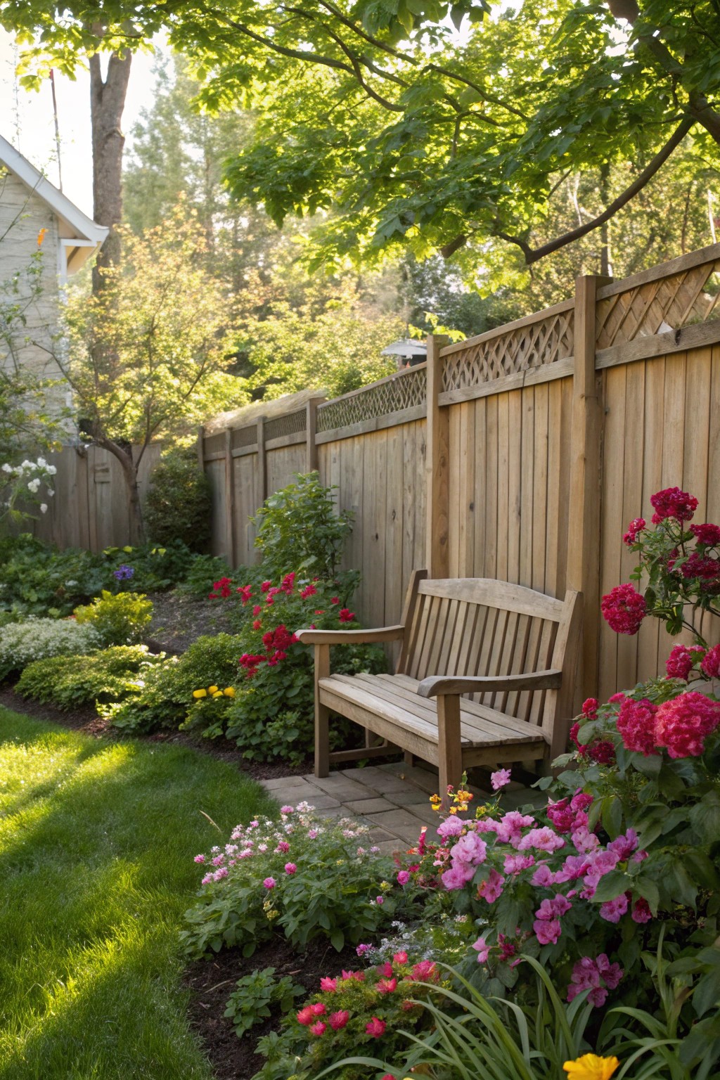 A seating nook by the fence is perfect for quiet moments outdoors.