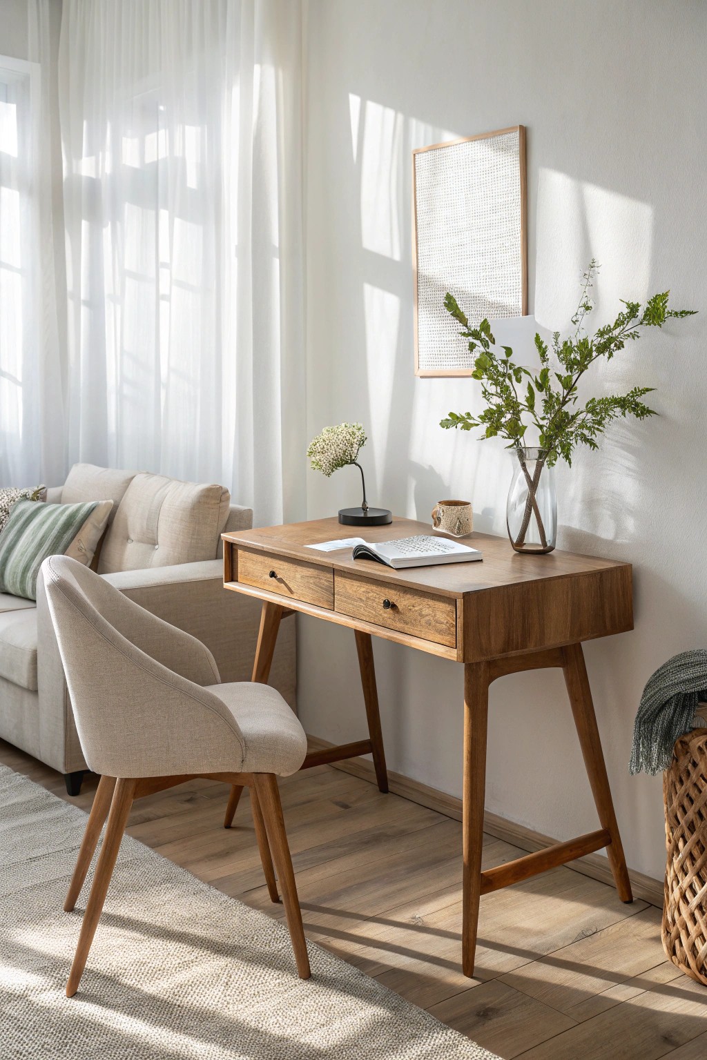 Effortlessly blend work and relaxation in your small living room with a beautifully crafted, space-saving desk nook.