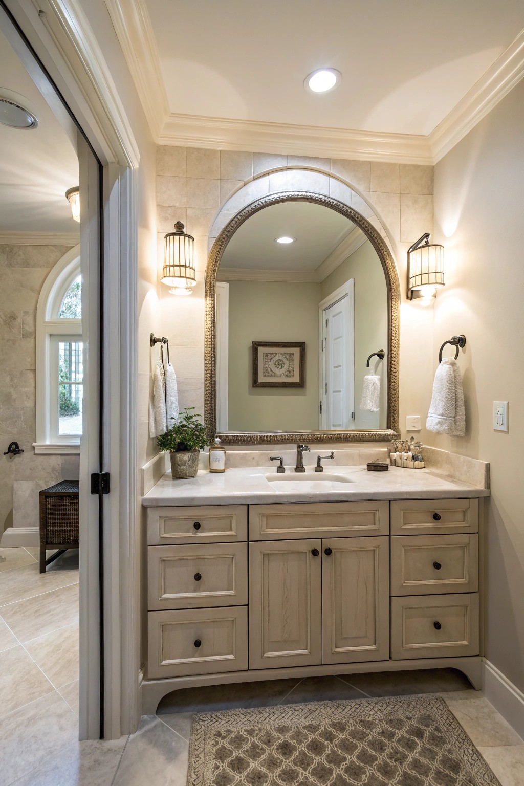An arched mirror brings softness and sophistication to a small space.