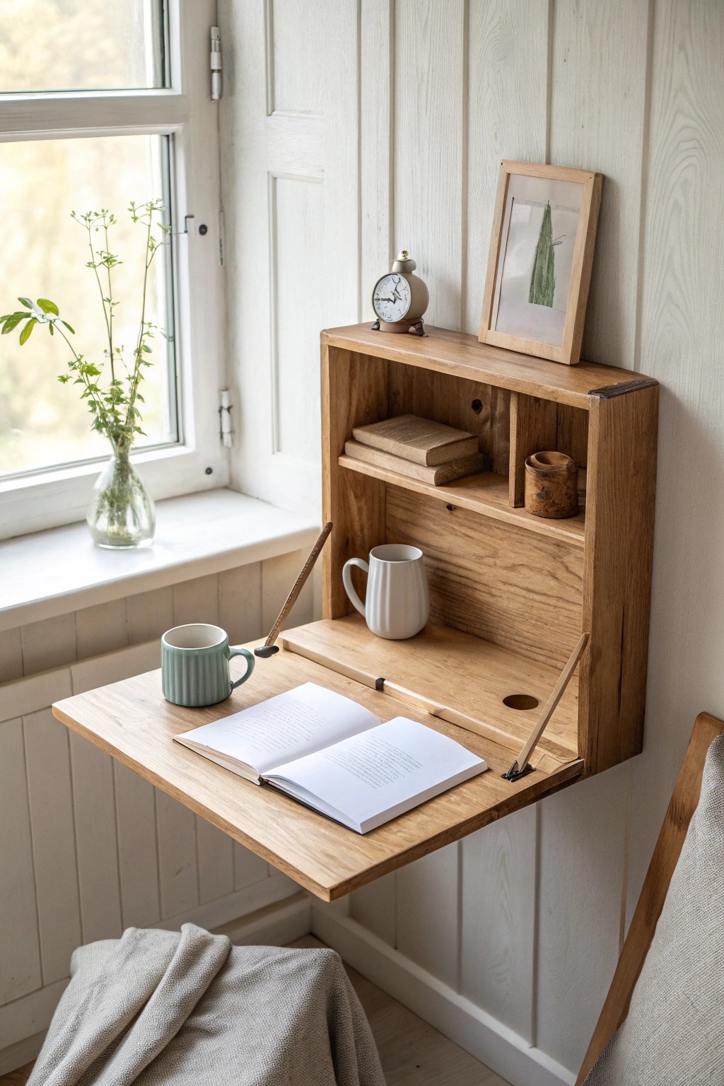 Space-saving beauty: a fold-down wall desk blends craftsmanship and simplicity for inspiring small office ideas.