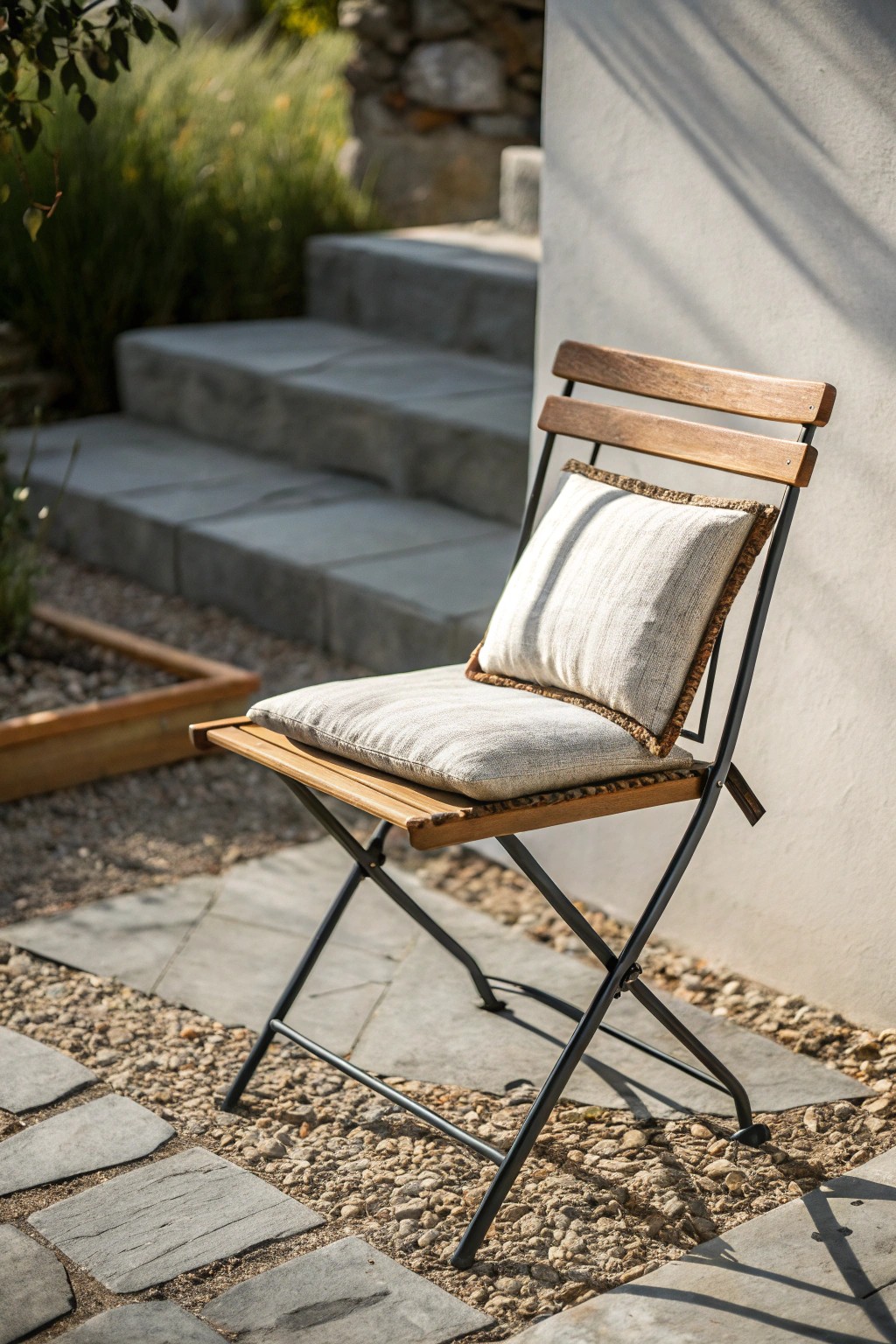 Effortless style: a unique chair blends wood, metal, and textiles for a curated patio look.