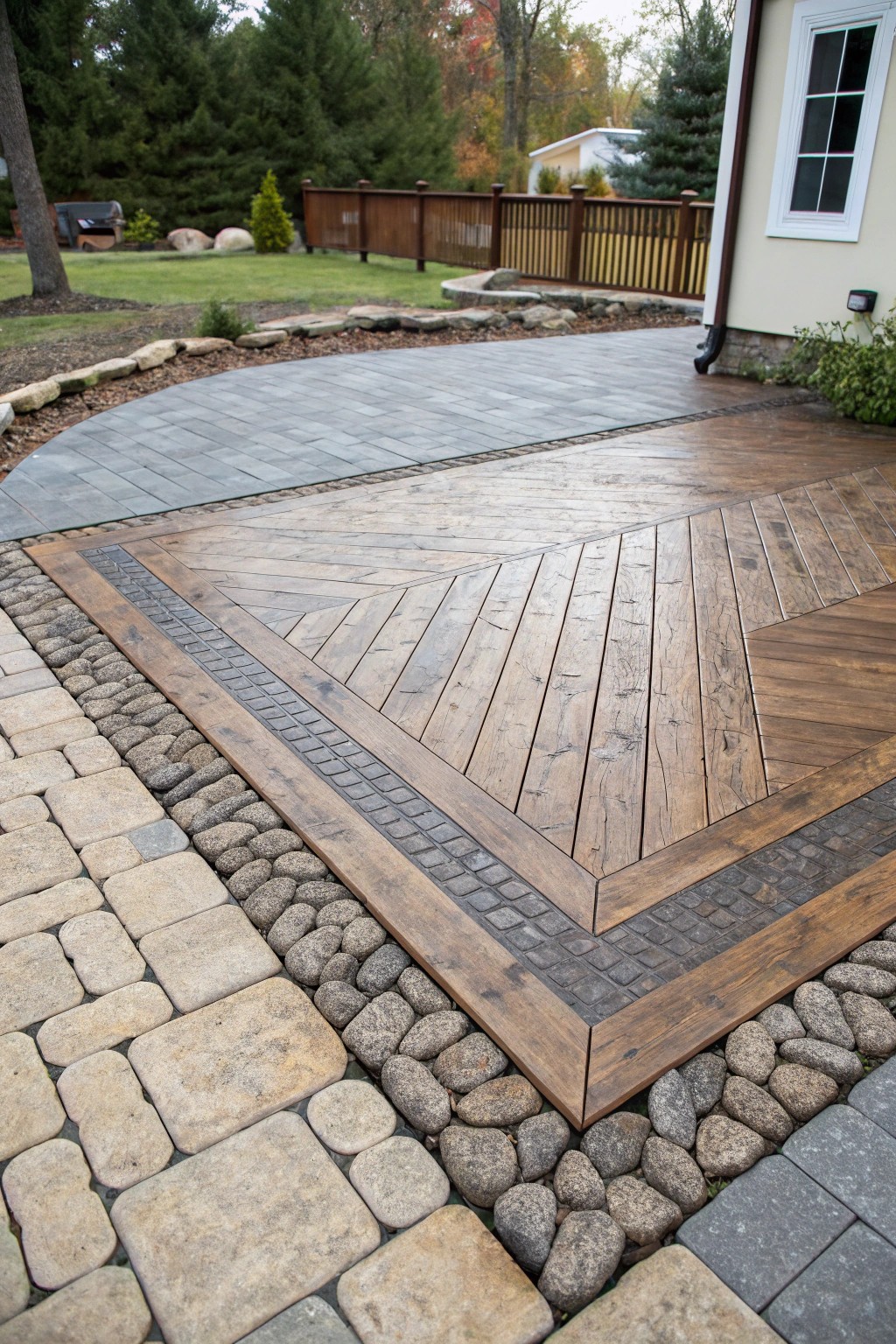 Effortlessly elegant: A stunning mix of cobblestone and wood-plank patterns in stamped concrete.