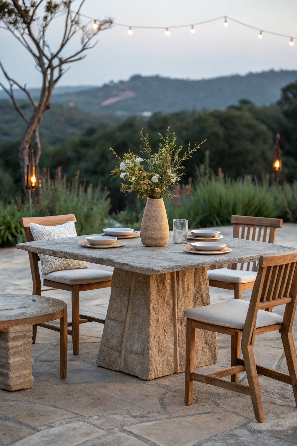 Dine simply under the stars—a stone patio table set for magical summer nights.