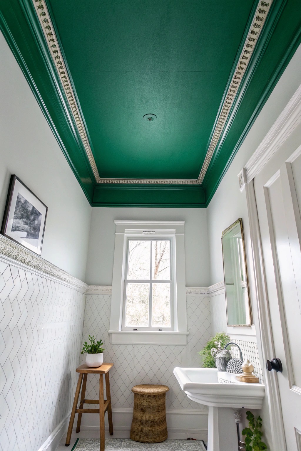 A bold ceiling transforms a small space into a true surprise.