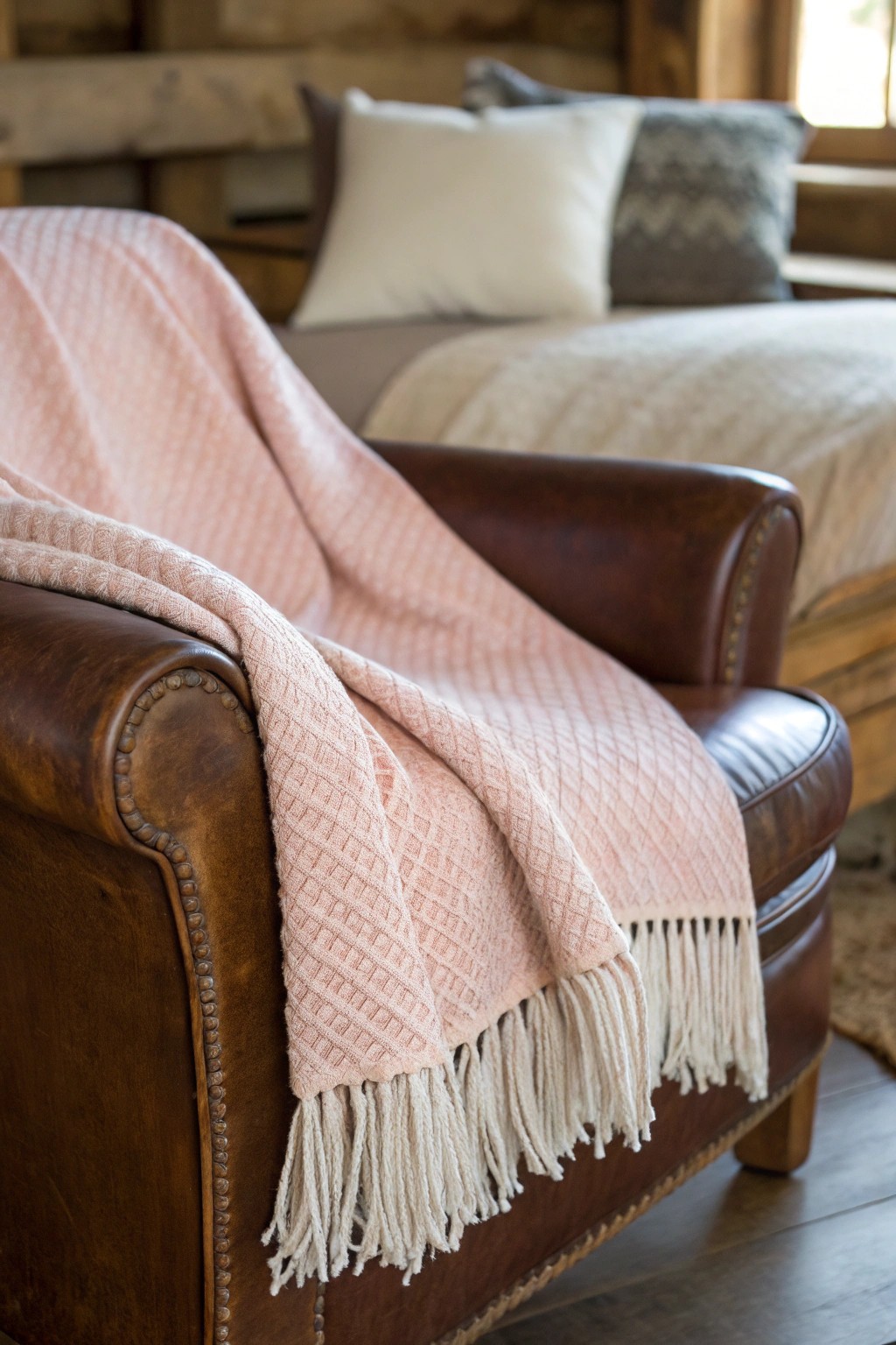 A blush pink throw: the perfect playful accent for a modern western bedroom.
