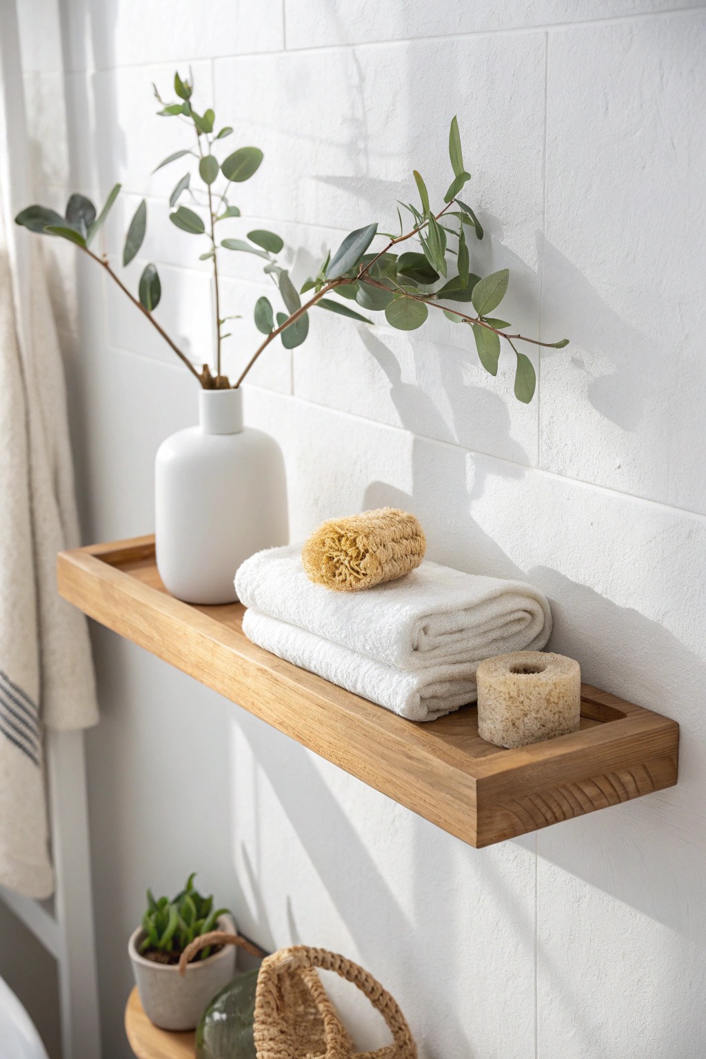 Elevate your white bathroom with a simple floating shelf—natural beauty meets practical elegance.