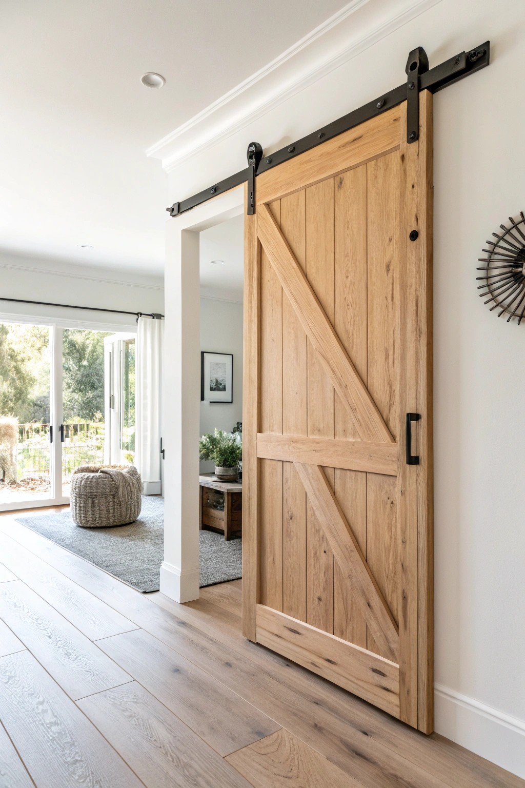 Effortless elegance: a handcrafted sliding door transforms living room flow.