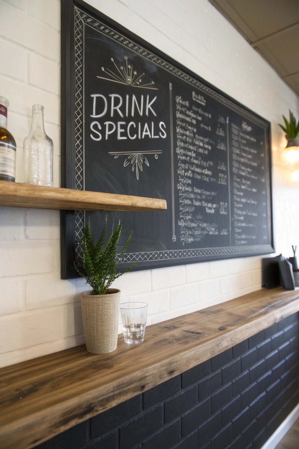 Craft your own bar story—chalkboard walls for ever-changing creativity.