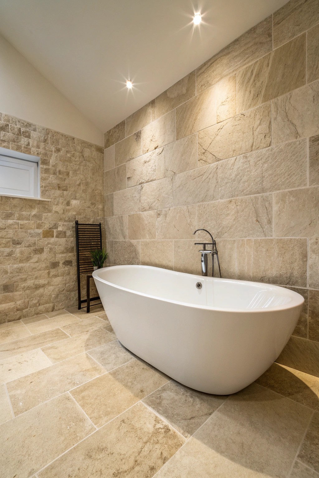 Seamless tile elegance—let your bathroom floor flow up the wall for a stunning, unified look.