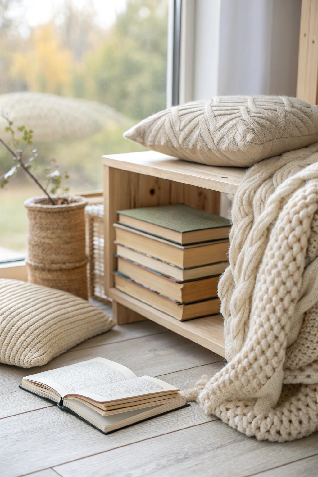 A simple stack of favorite books and a cozy throw—your new favorite reading corner awaits.