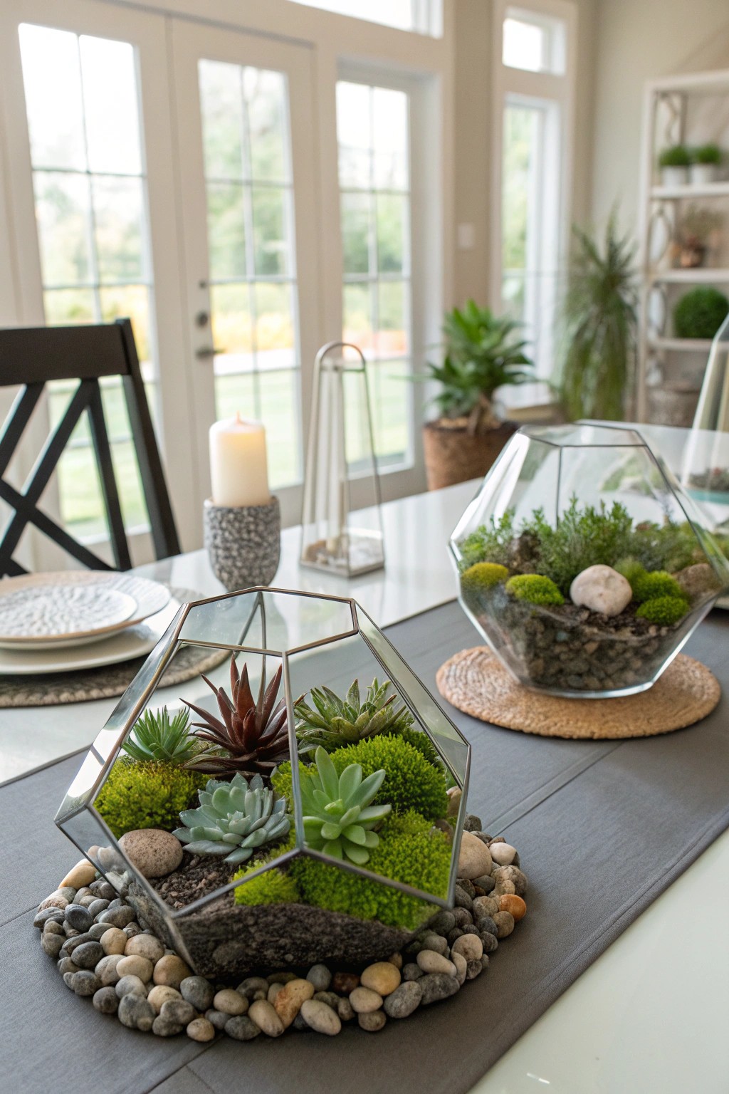 Terrariums offer a playful, miniature garden vibe to your dining table.