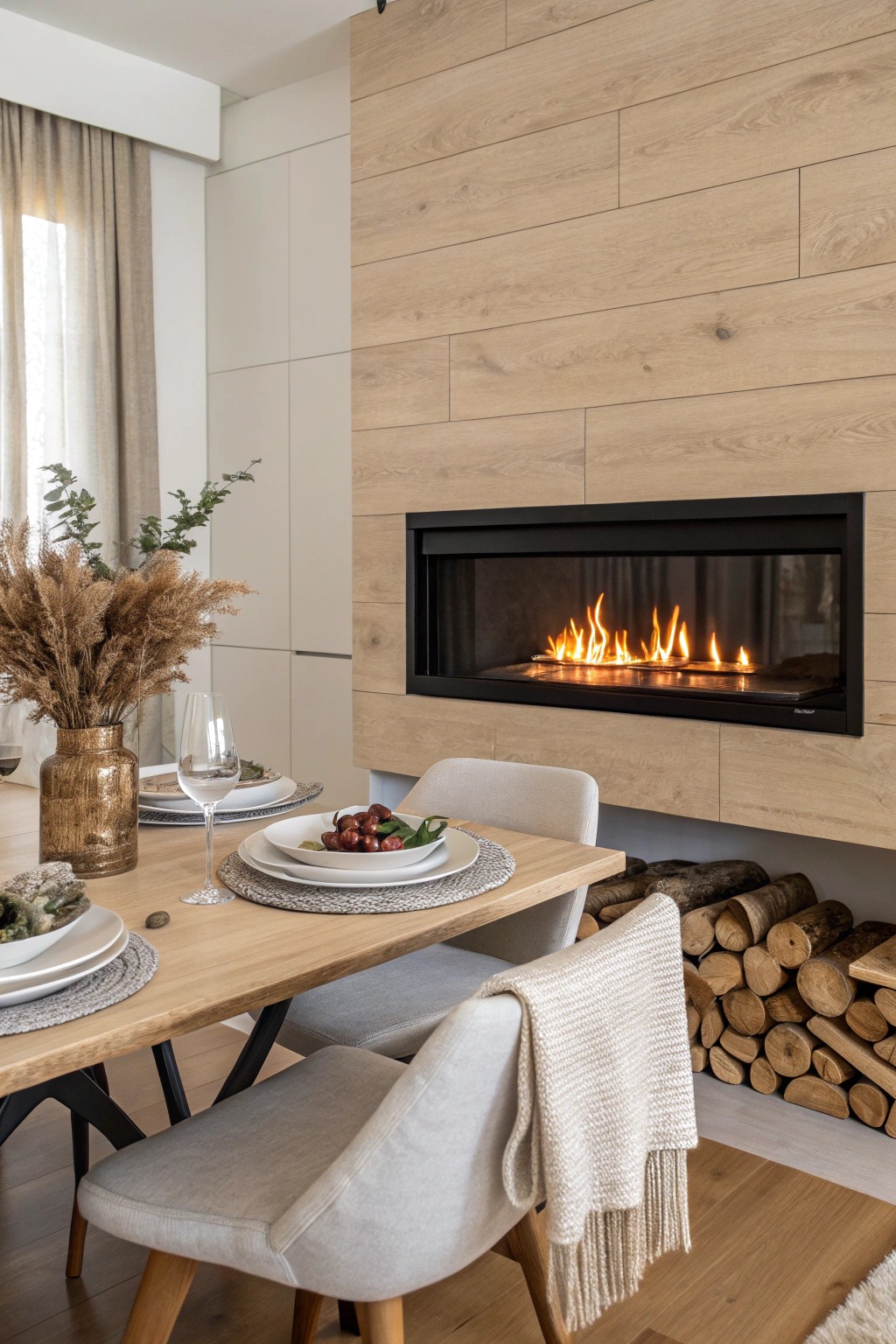 A warm, inviting dining room with a stunning electric fireplace wall centerpiece.