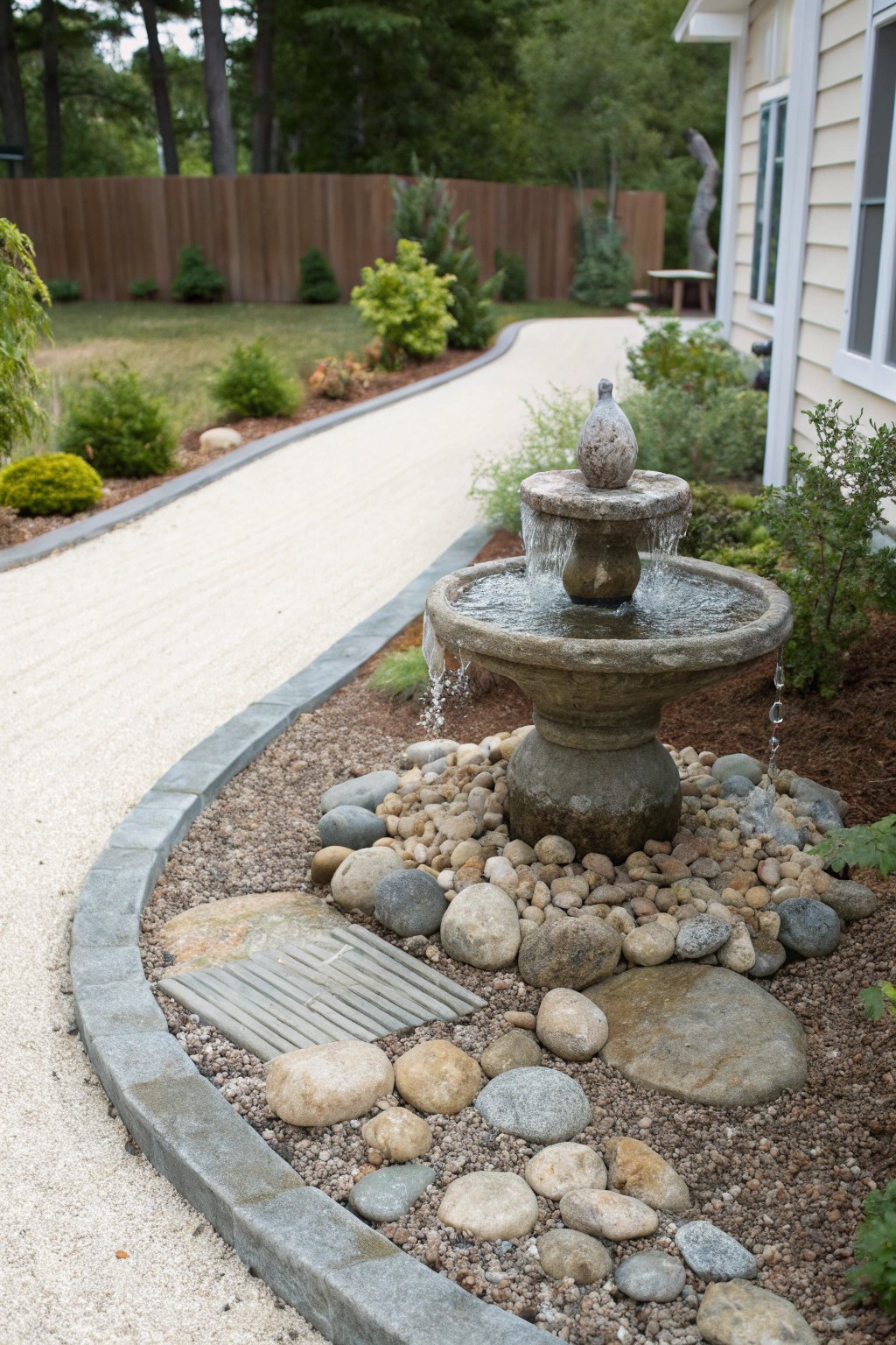 Elevate your gravel driveway with a serene water feature—where natural beauty meets timeless simplicity.