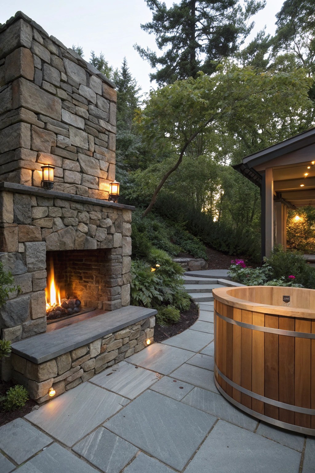 Cozy up in your hot tub with a handcrafted stone fireplace privacy wall—where warmth, privacy, and style meet.