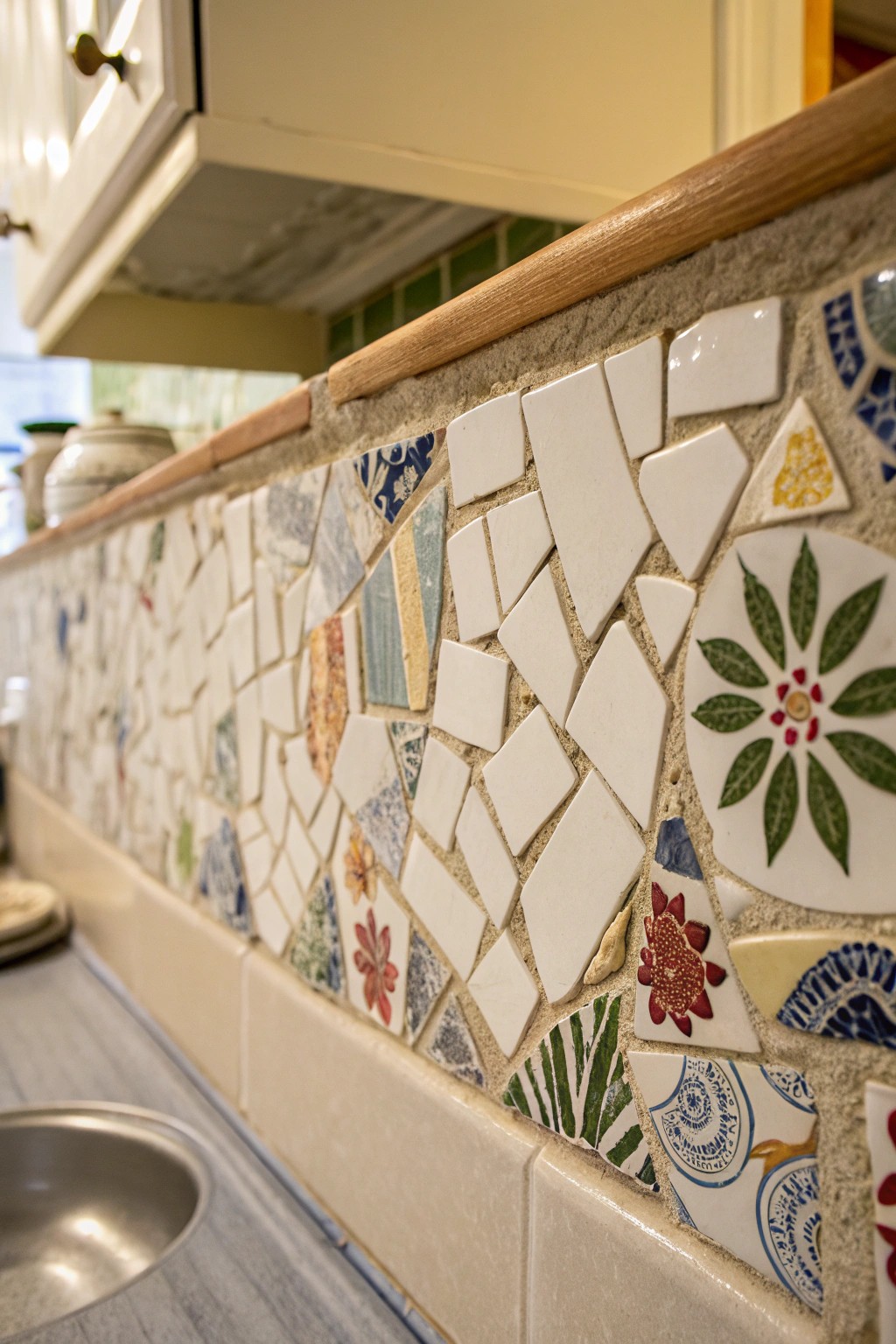 Turn old plates into an artful, budget-friendly backsplash centerpiece.