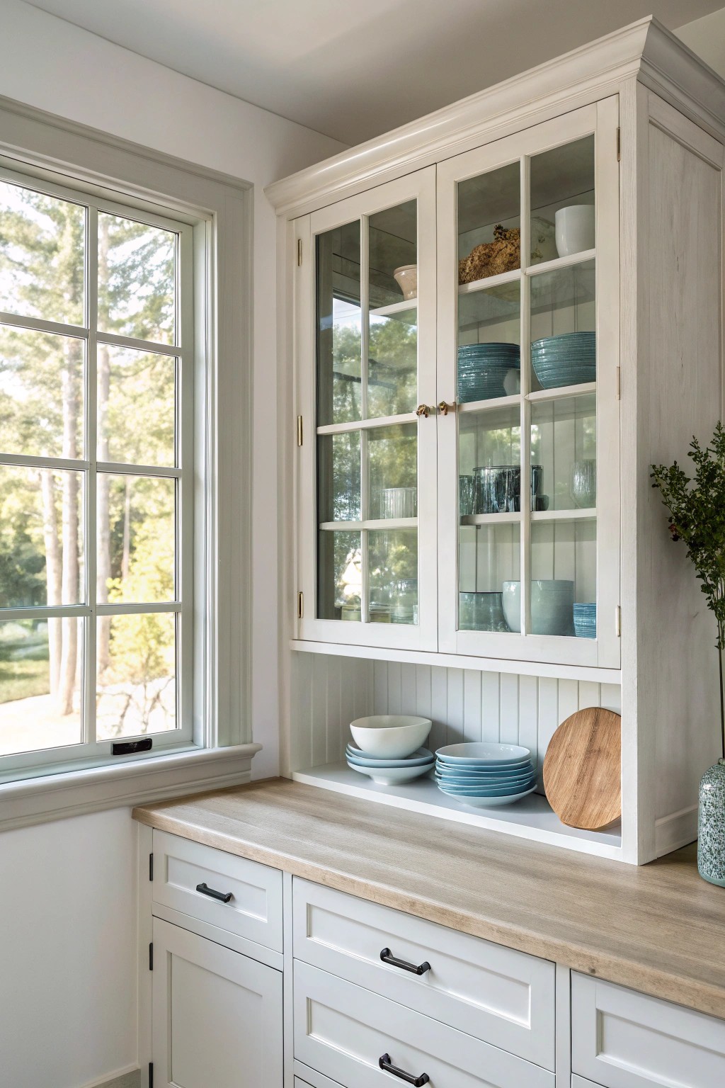Brighten up small kitchens with a beautifully reflective glass-front cabinet.