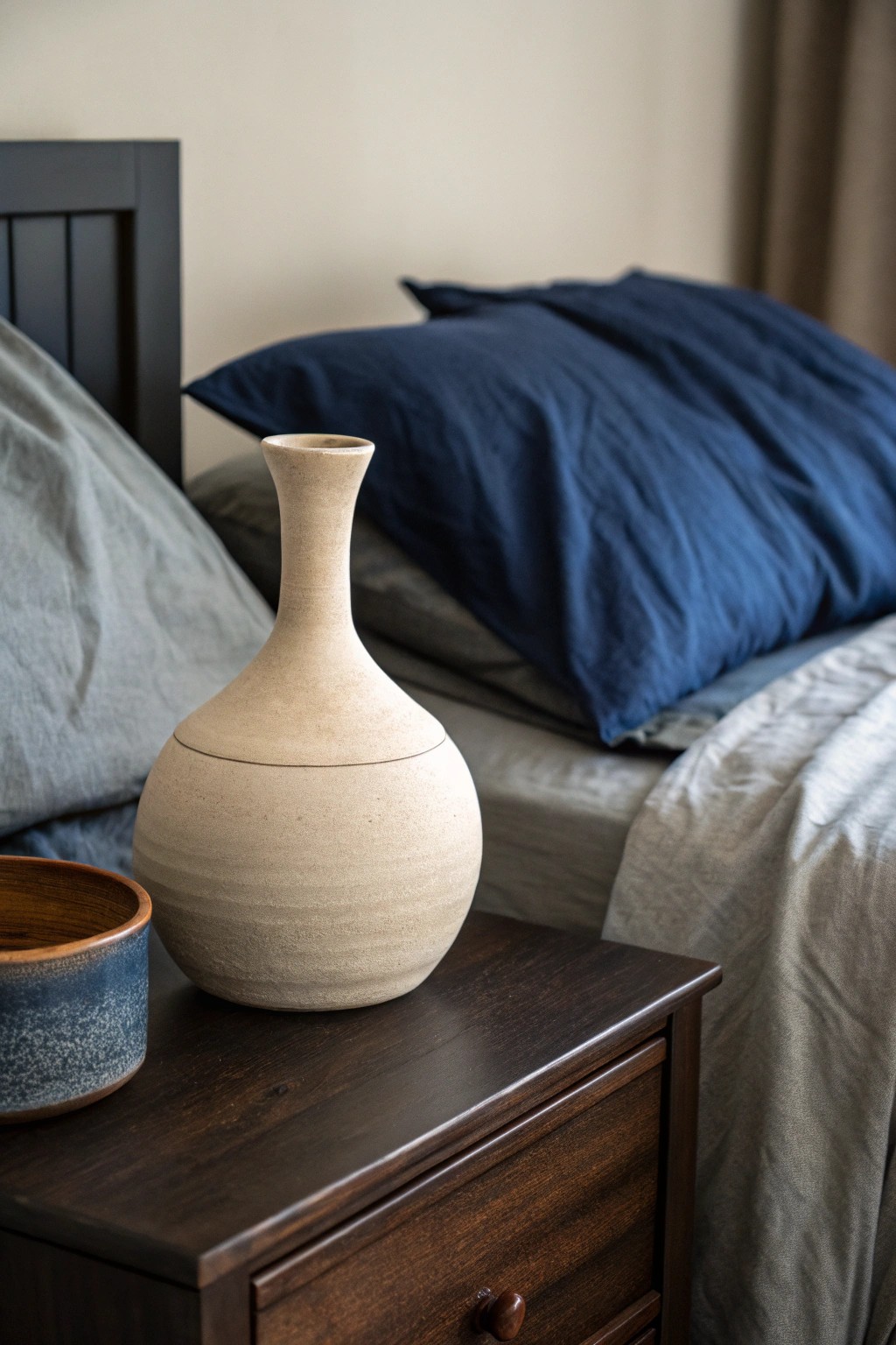 Layered dark hues meet timeless craftsmanship—a moody bedroom essential.