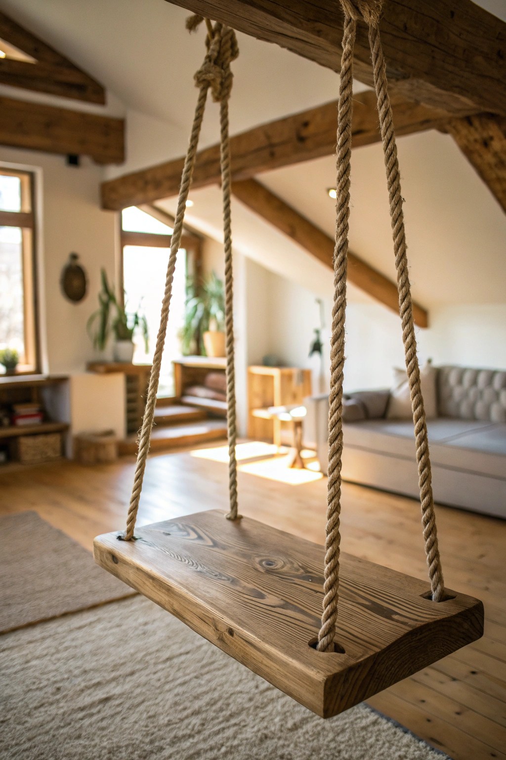Bring playful charm into your living room with a handcrafted wooden indoor swing.