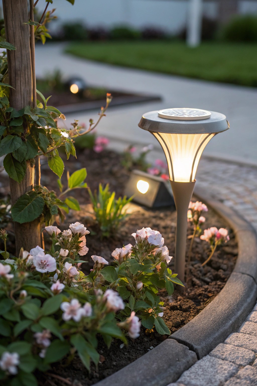 Let your blooms shine—solar lights add a magical touch to simple front yards.