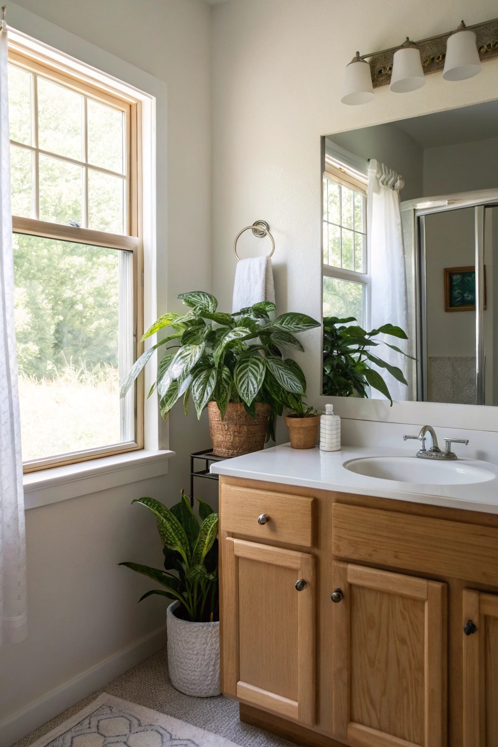 A touch of greenery enlivens and refreshes a compact master bath.