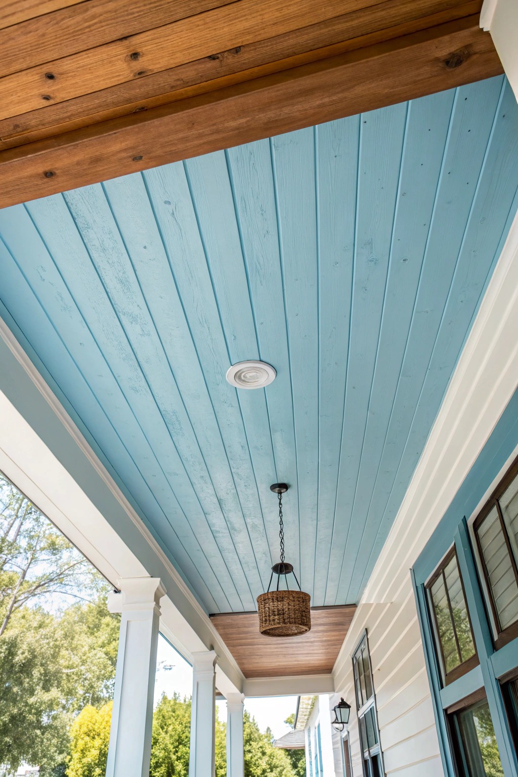 A pop of sky blue on the porch ceiling—simple, stunning, and full of character.