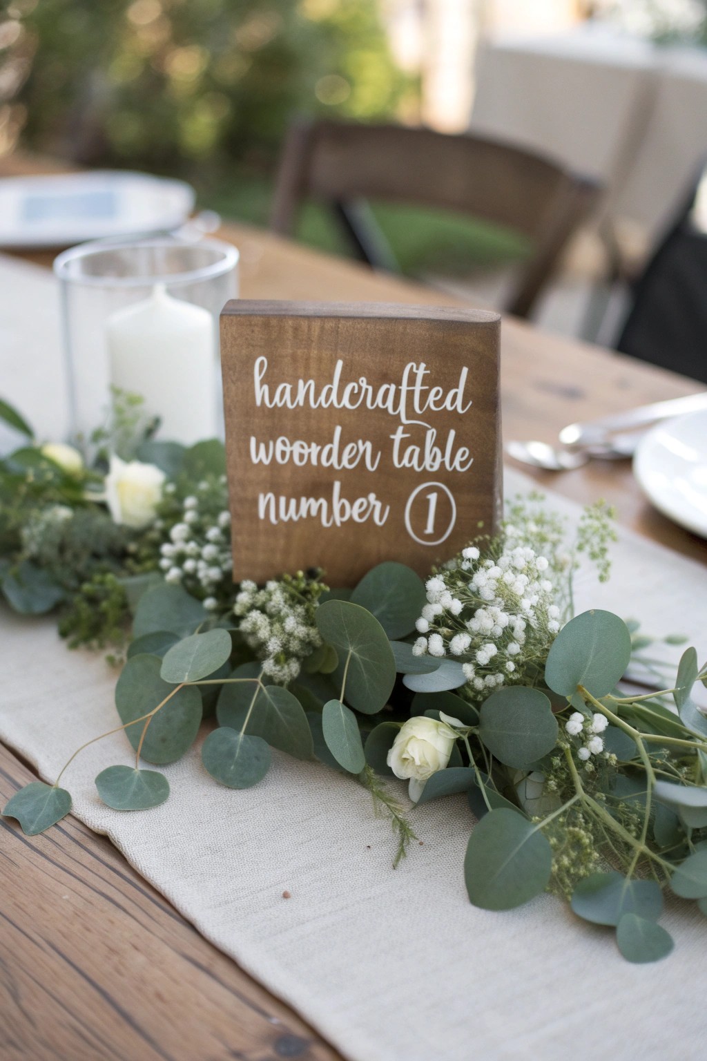 Elevate your centerpiece with a personalized wooden table number nestled in fresh greenery.