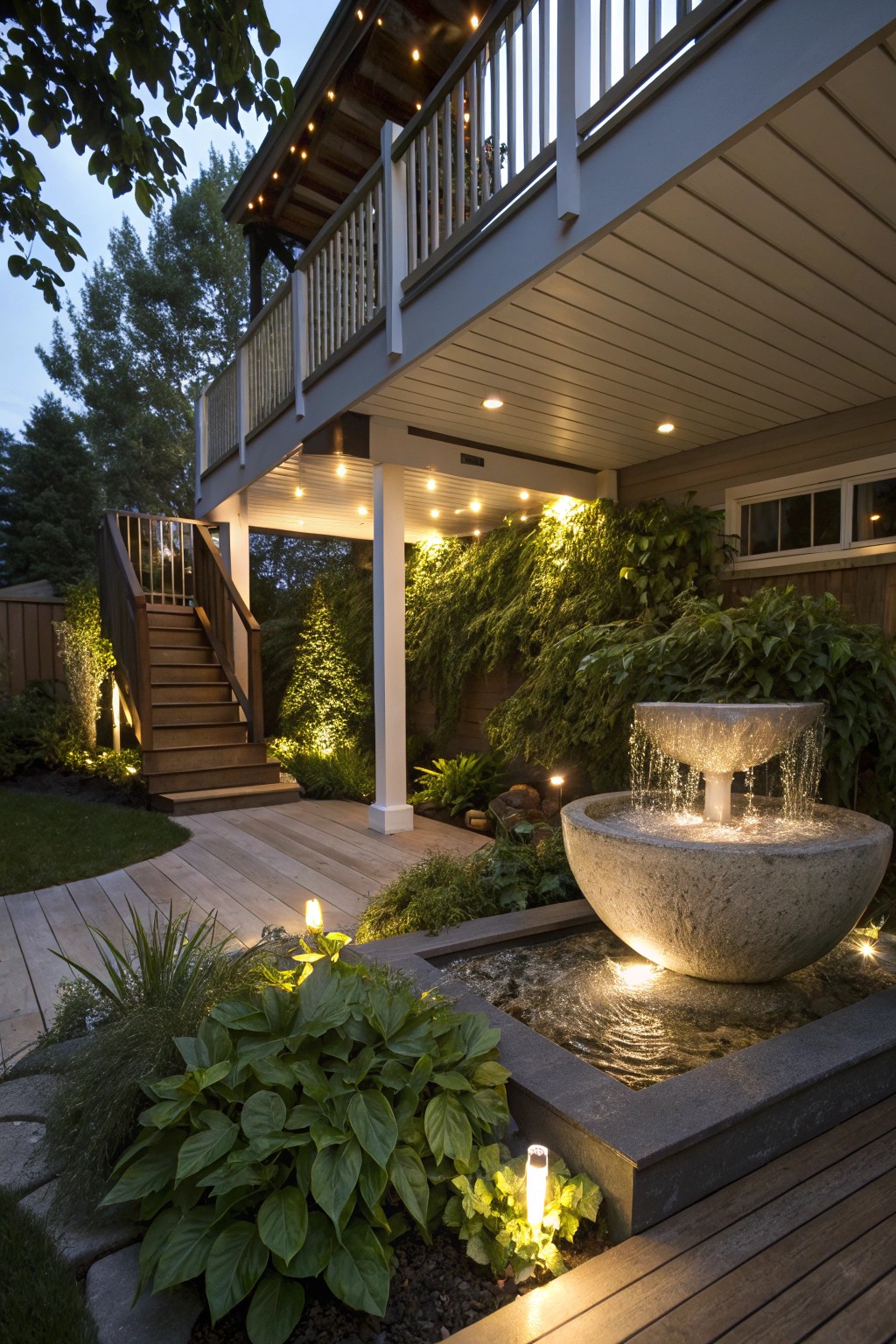 A striking water feature under the deck adds both visual drama and tranquil sound to outdoor living.