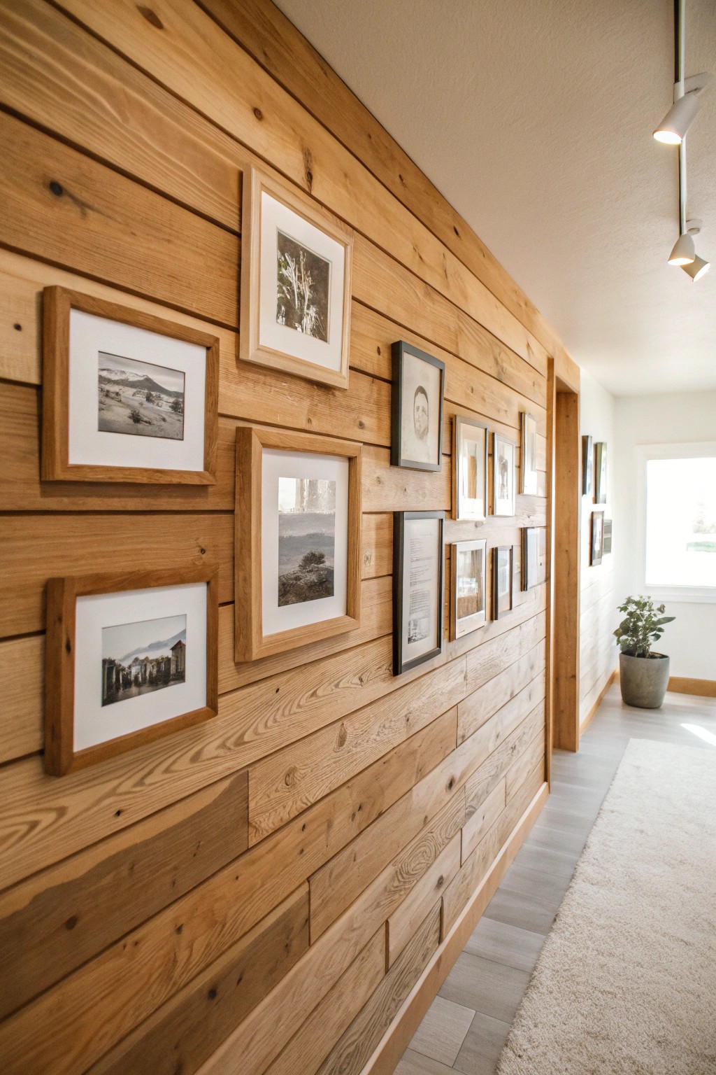 Create a stunning gallery-style wood accent wall with mixed wood frames for a personal, artful touch.