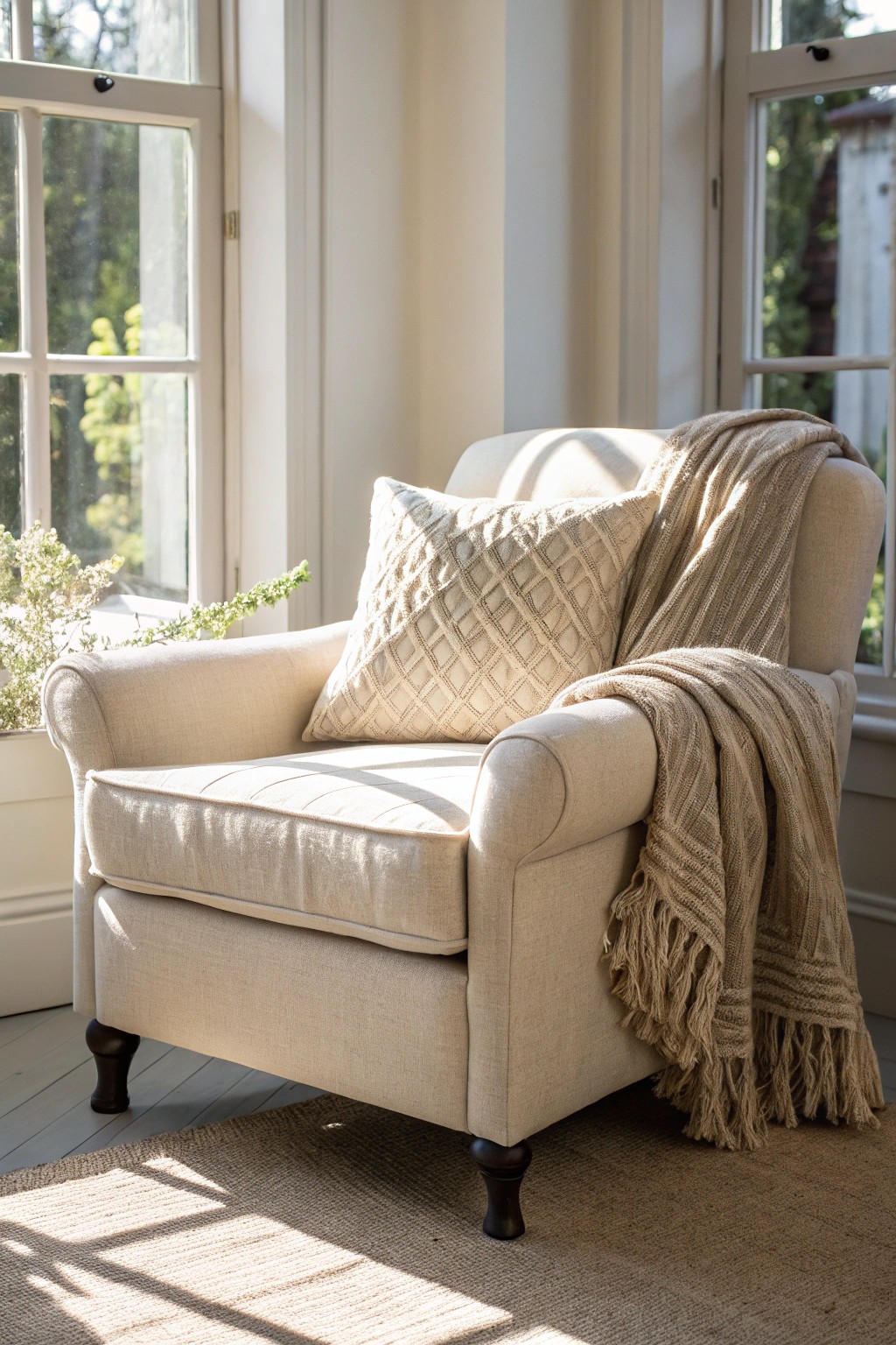 Sink in and unwind—a plush armchair is the heart of a cozy three-season lounge.