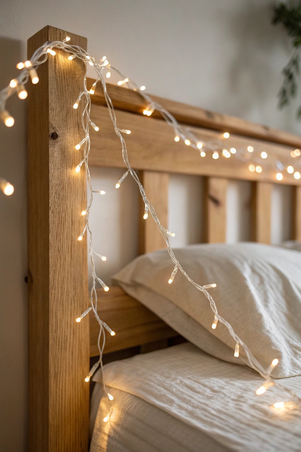 Magical simplicity: Handcrafted headboard aglow with fairy lights.