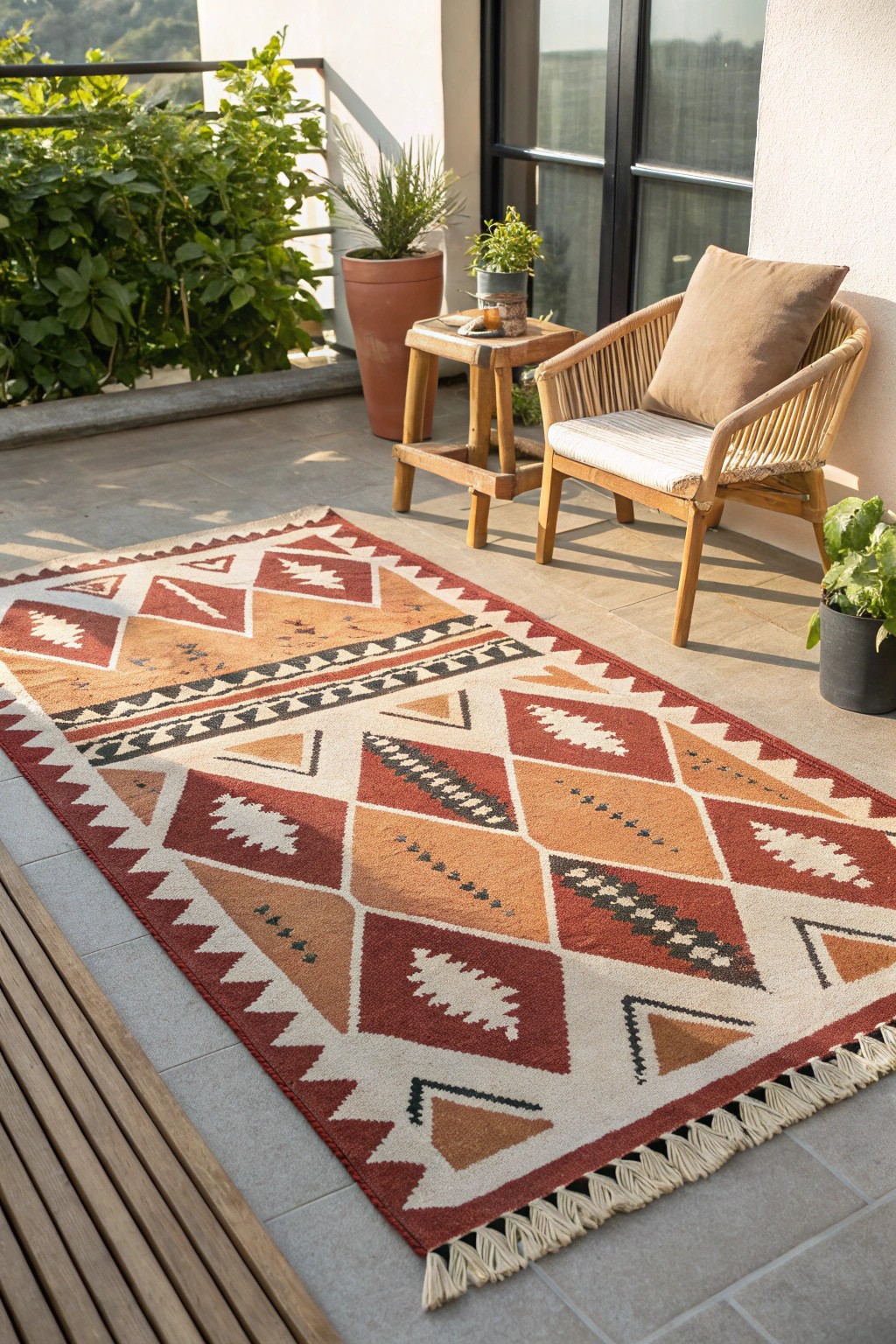 Elevate your patio with a statement patterned rug—simple, bold, and beautifully crafted.