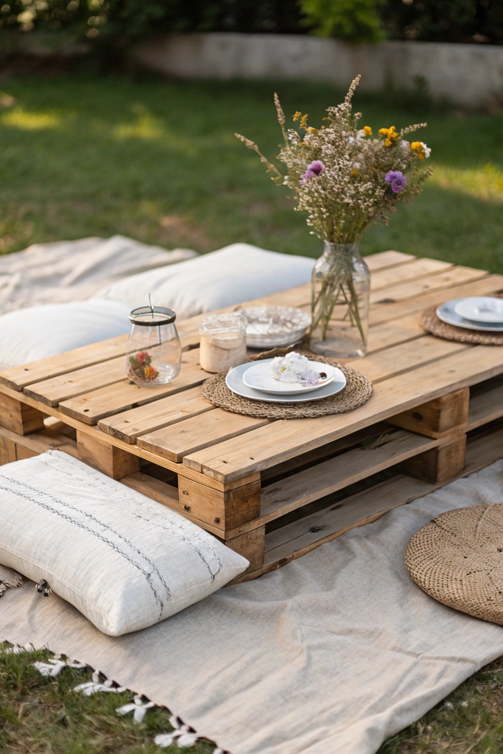 Effortless backyard charm: a low pallet table for laid-back celebrations.