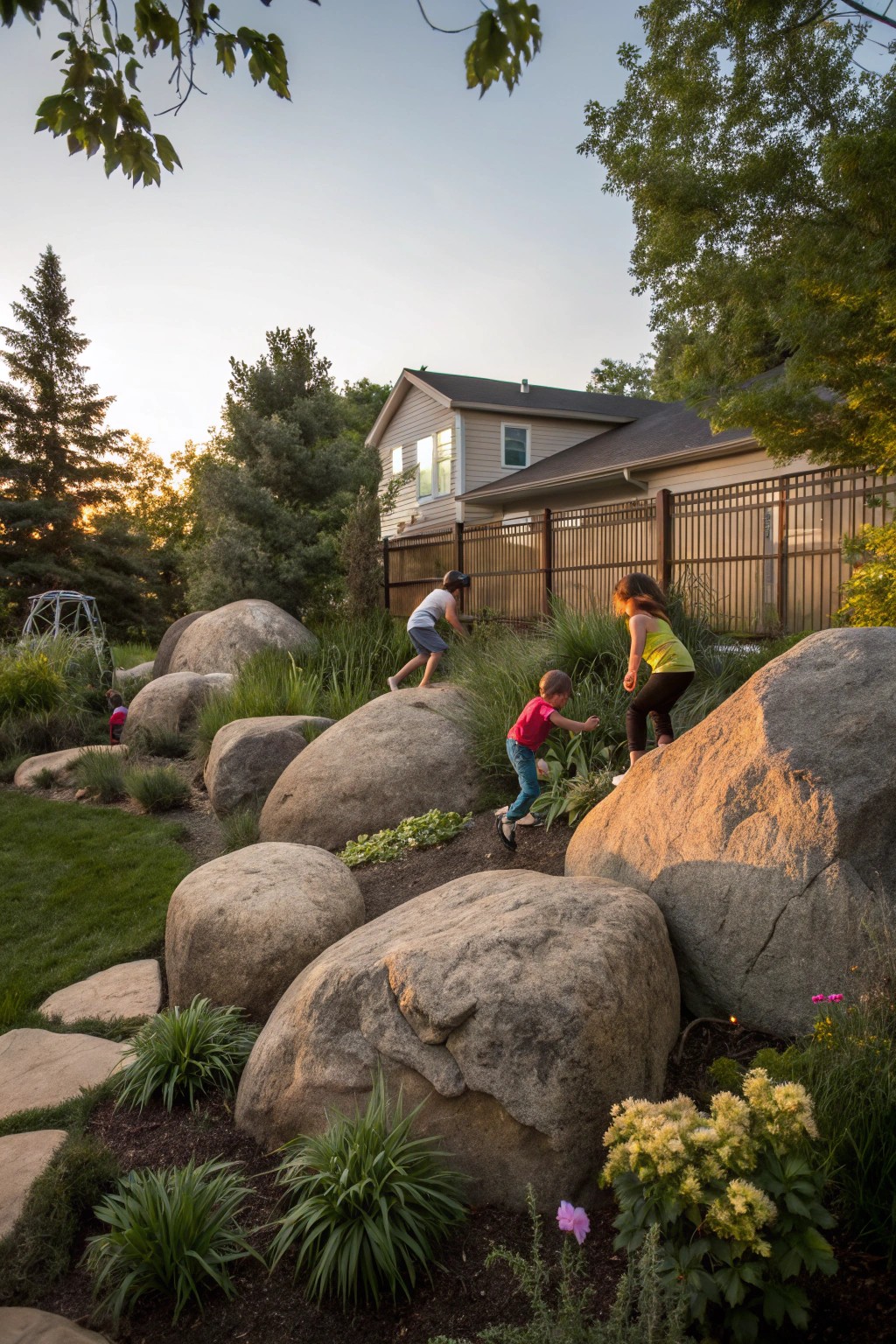 Natural boulders create an adventurous climbing zone that looks stunning year-round.