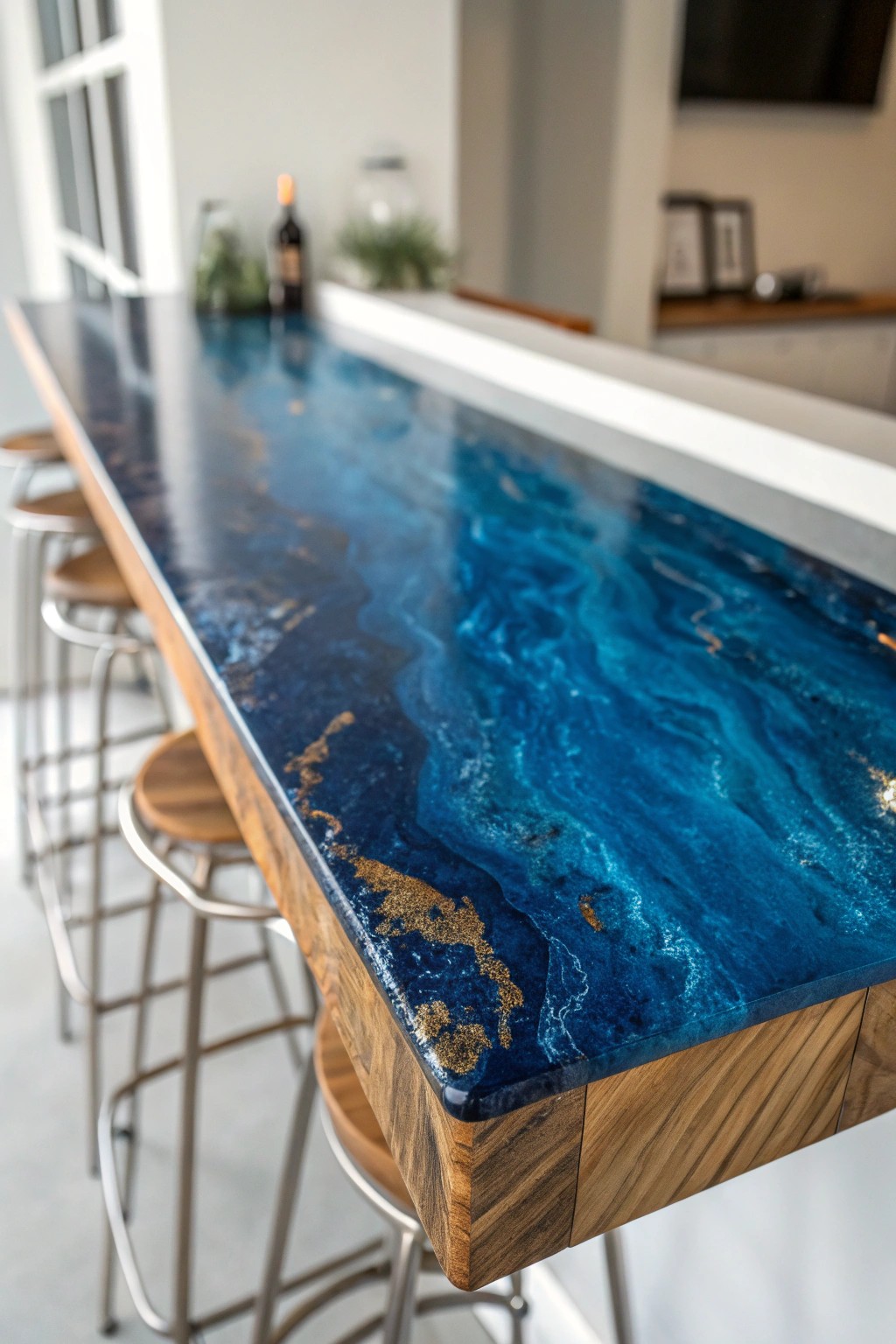 Make a statement with a stunning, handcrafted deep blue epoxy resin bar top—where art meets durability.