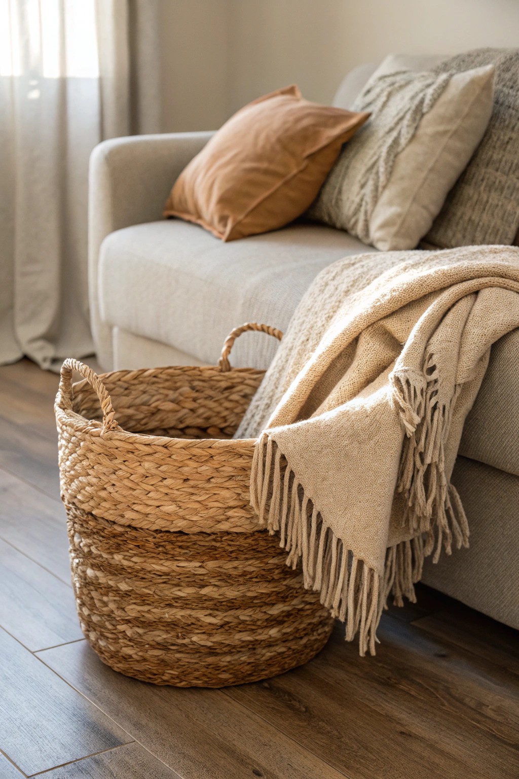 Cozy up in style: a handwoven basket filled with soft throws adds warmth and texture to your living space.