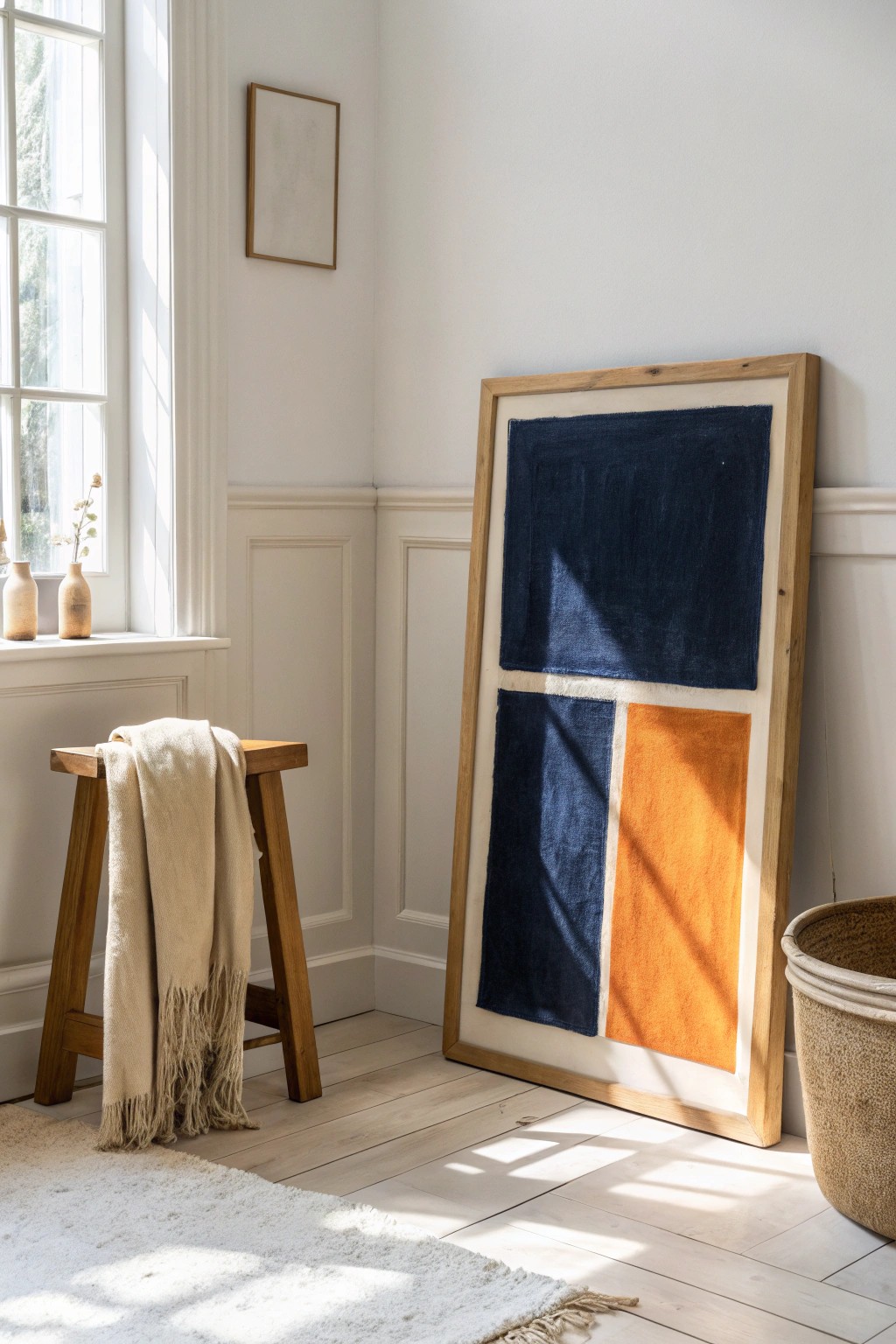 Elevate your bathroom with bold abstract art—where simplicity meets striking color.