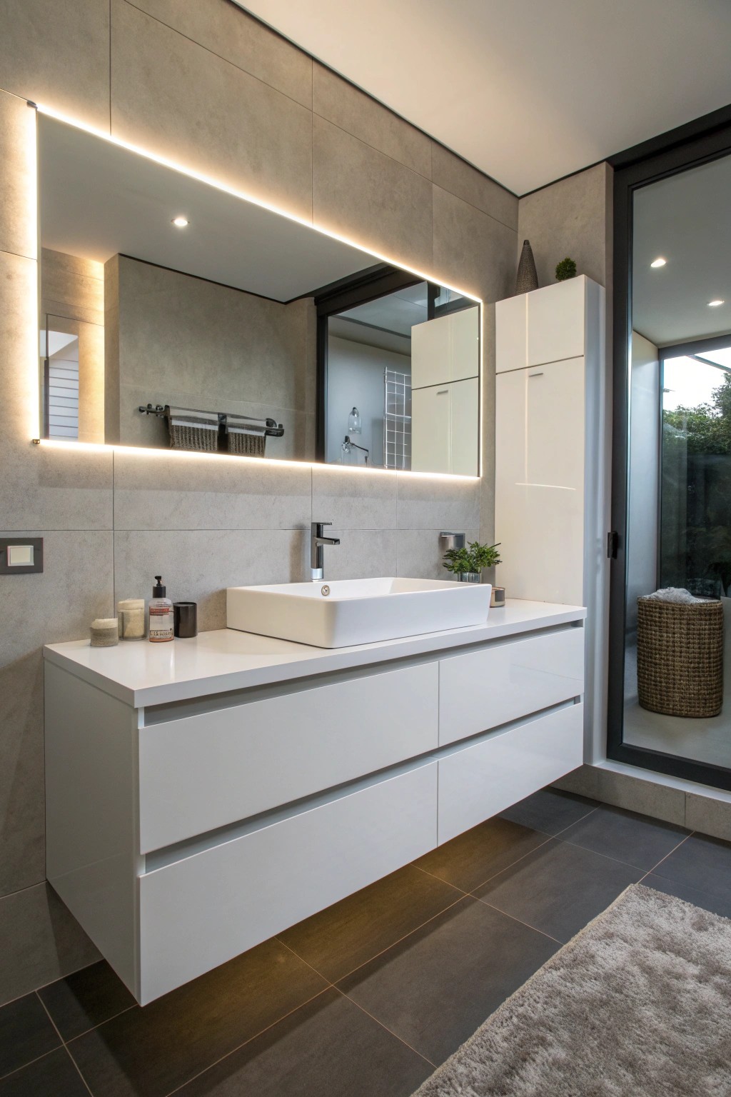 Floating vanities with integrated sinks create a sleek, airy bathroom look