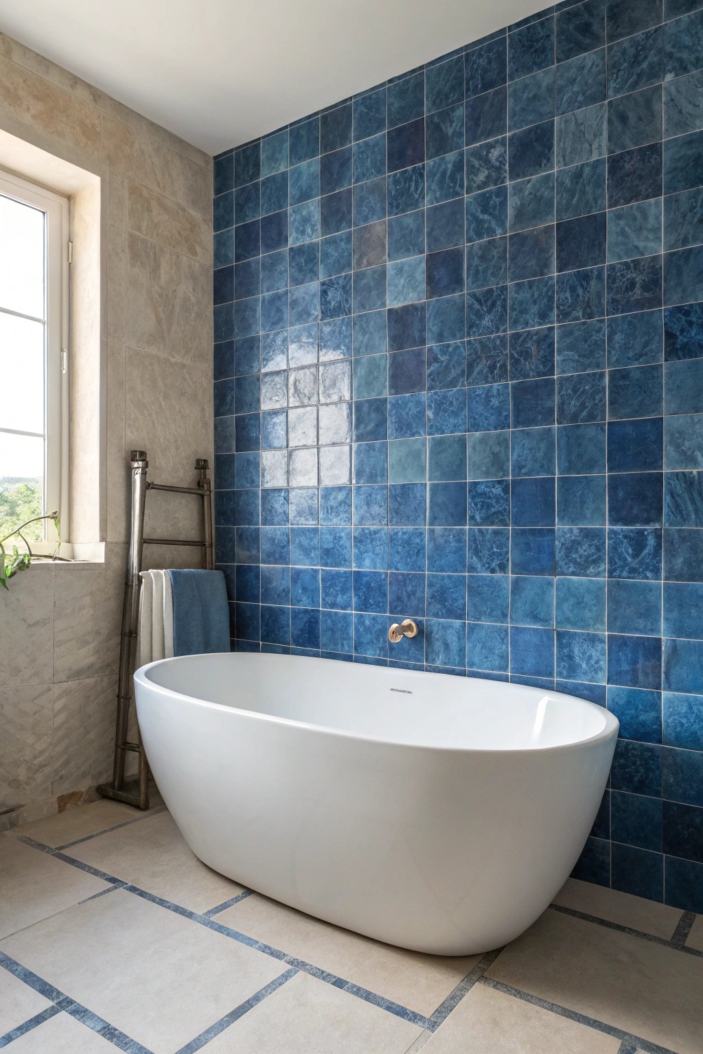 Elevate your bath retreat with handcrafted deep blue accent tiles.