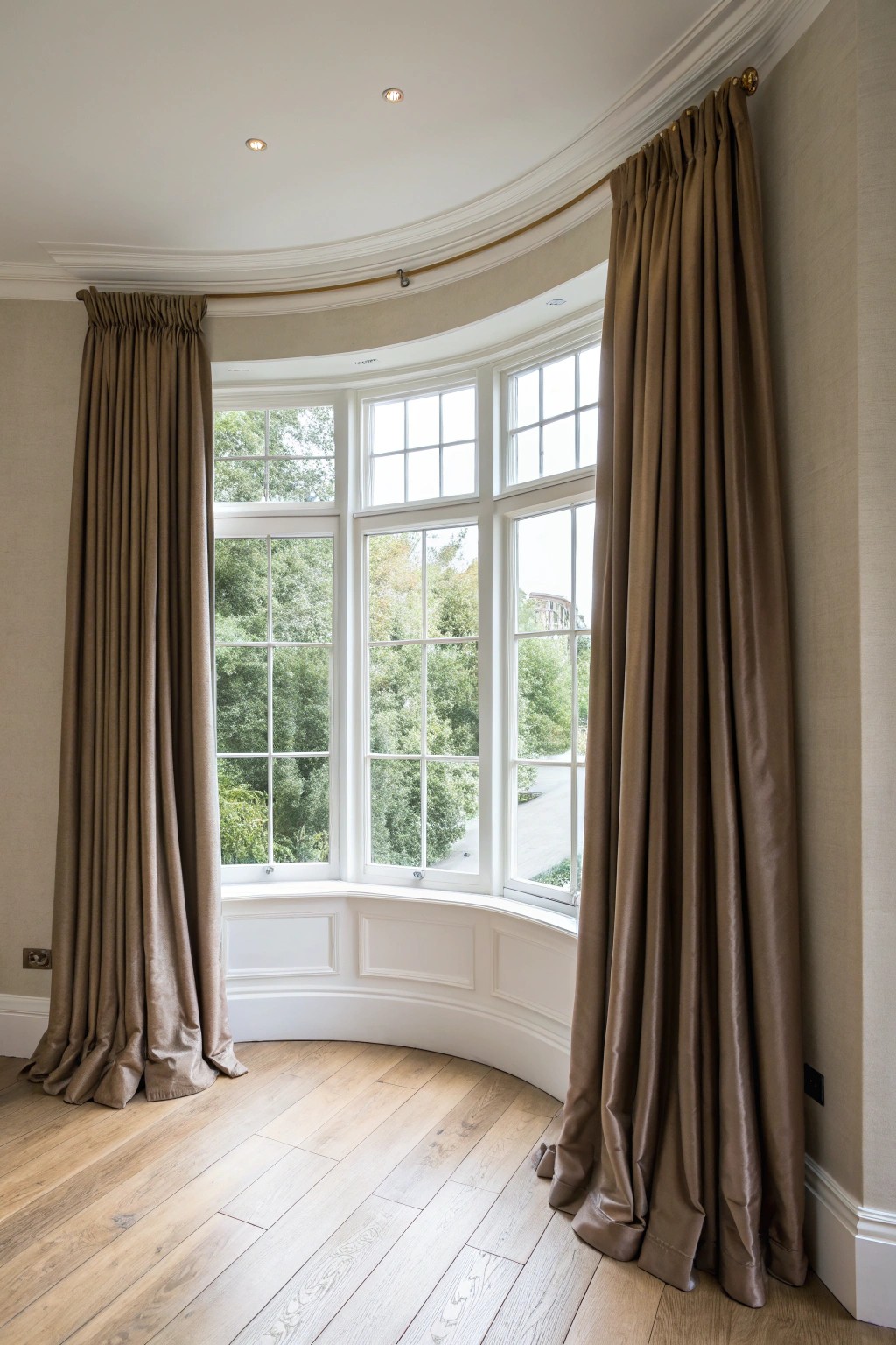 Elevate your bay window with luxurious, sweeping drapes for timeless elegance.