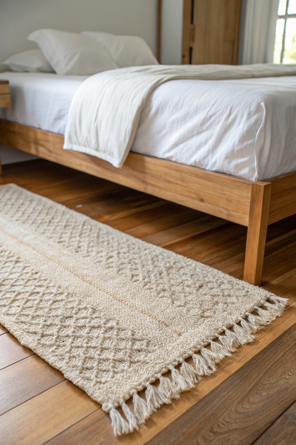 Effortless balance: a natural rug halfway under the bed for simple, stylish framing.