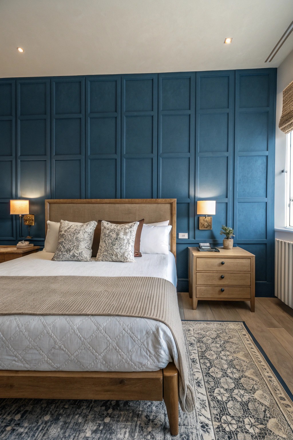 A striking blue accent wall can define the bedroom’s mood and style.