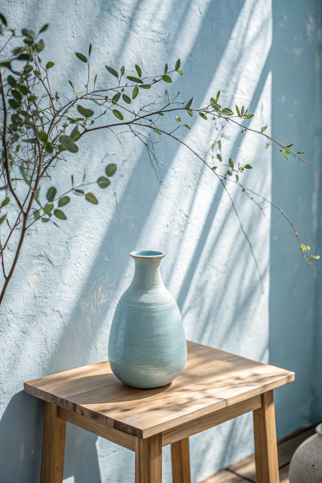 Serenity in simplicity: a powder blue vase brings airy calm to your living space.