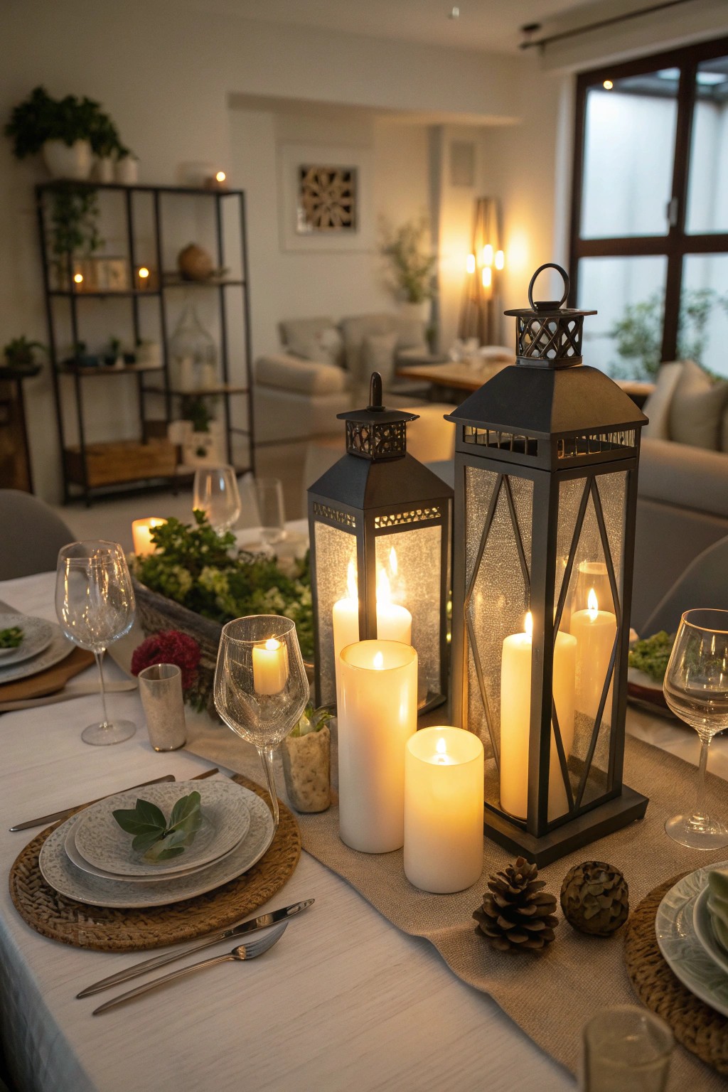 A candle-lit centerpiece transforms the atmosphere with warmth and charm.