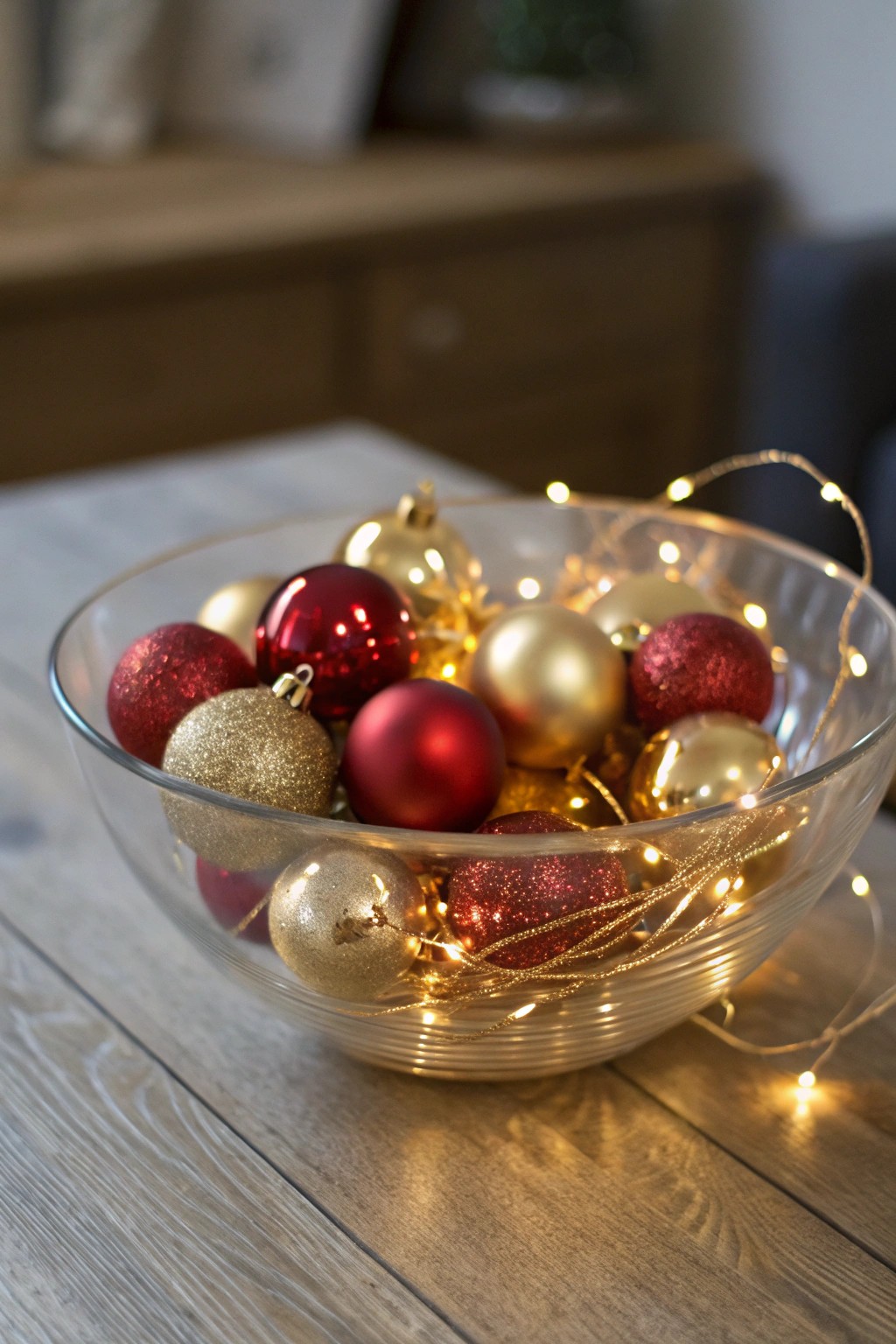Effortless holiday charm: golden and red ornaments glow in a simple glass bowl centerpiece.