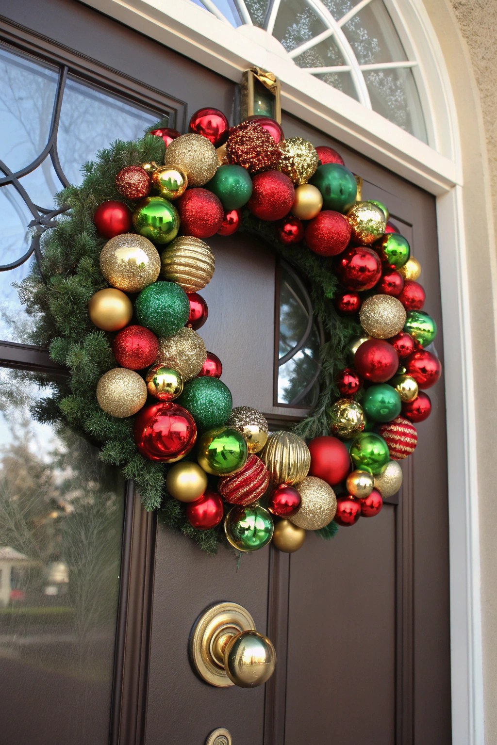 A bold ornament wreath adds instant holiday glam to any front door.