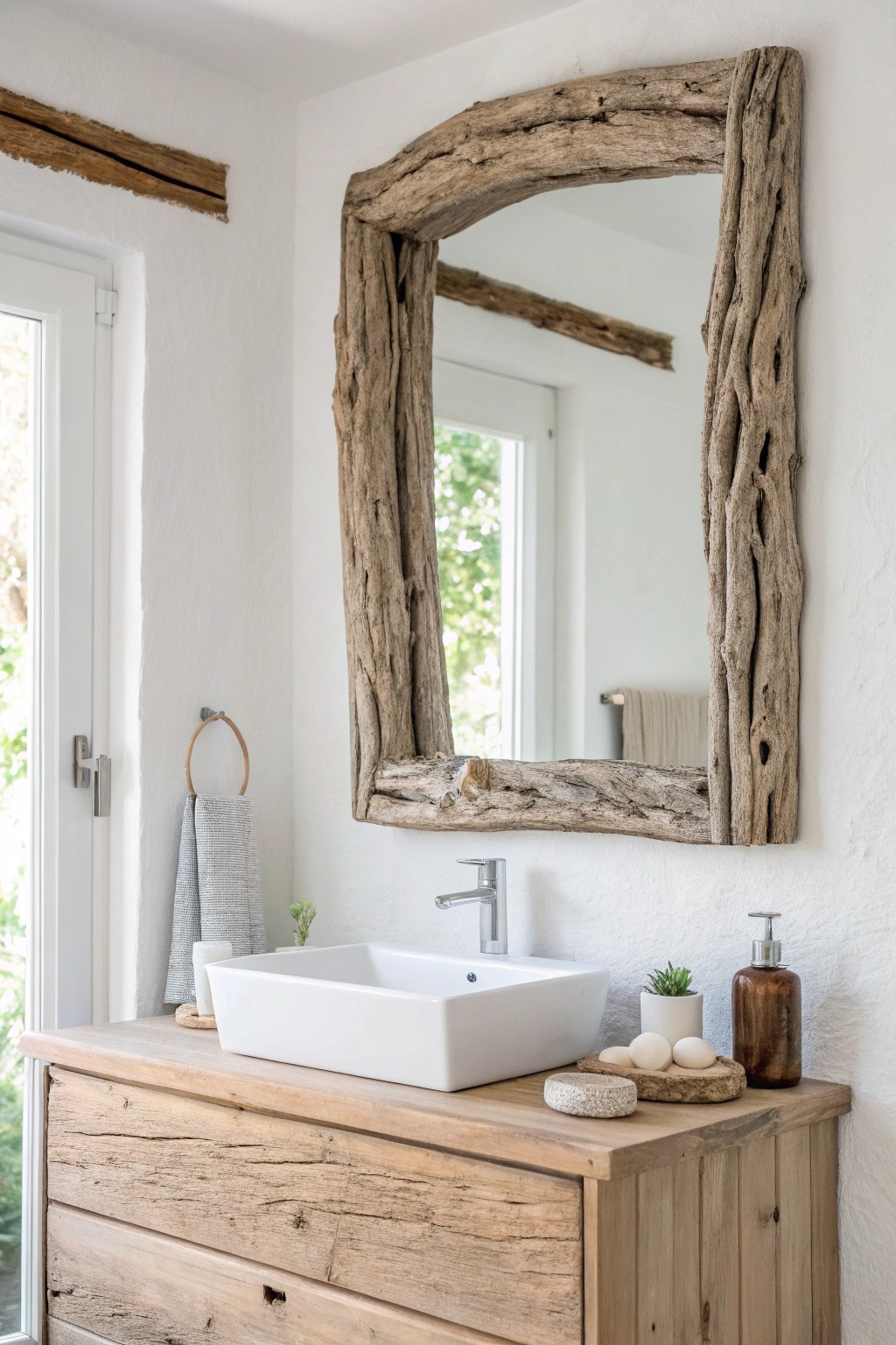 Bring warmth and authenticity to your coastal bathroom with a stunning driftwood-framed mirror.