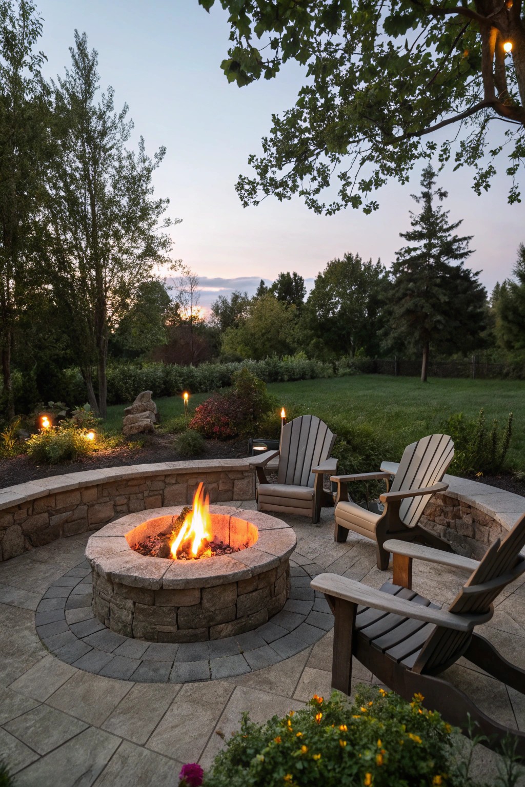 A striking fire pit creates a natural gathering spot for cozy nights outdoors.